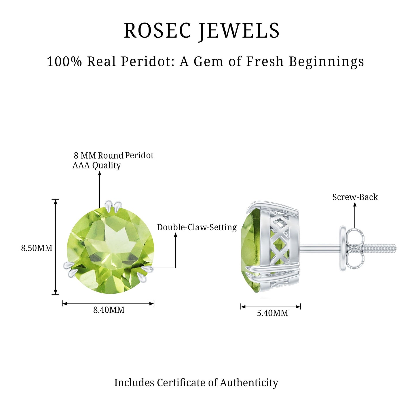 Natural 4 Carat August Birthstone Peridot Stud Earrings with Screw Back