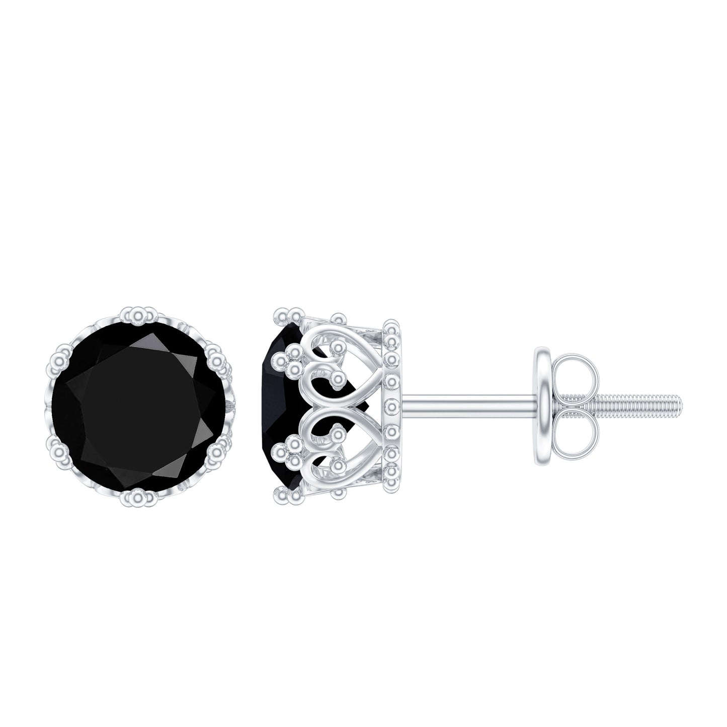 Genuine Black Onyx Crown Stud Earrings with Screw Back
