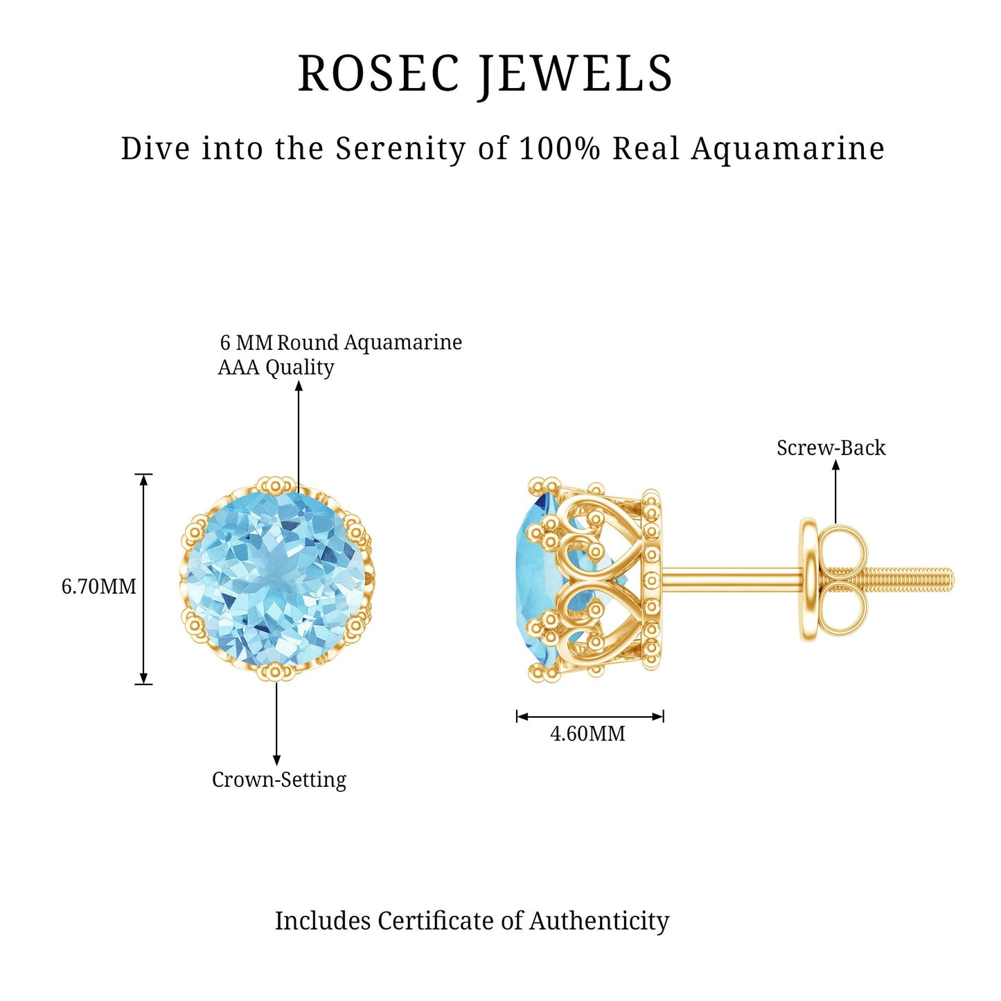 1.6 Carat Genuine Aquamarine Crown Stud Earrings