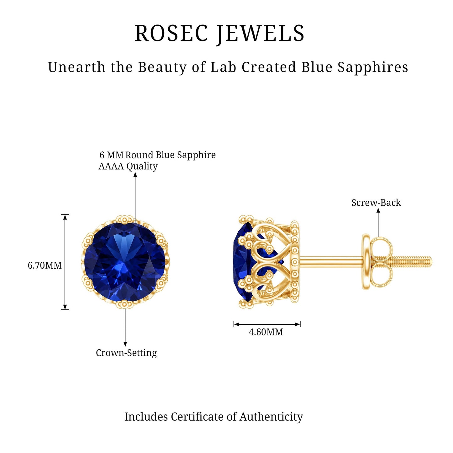 2 Carat Solitaire Lab Created Blue Sapphire Crown Stud Earrings