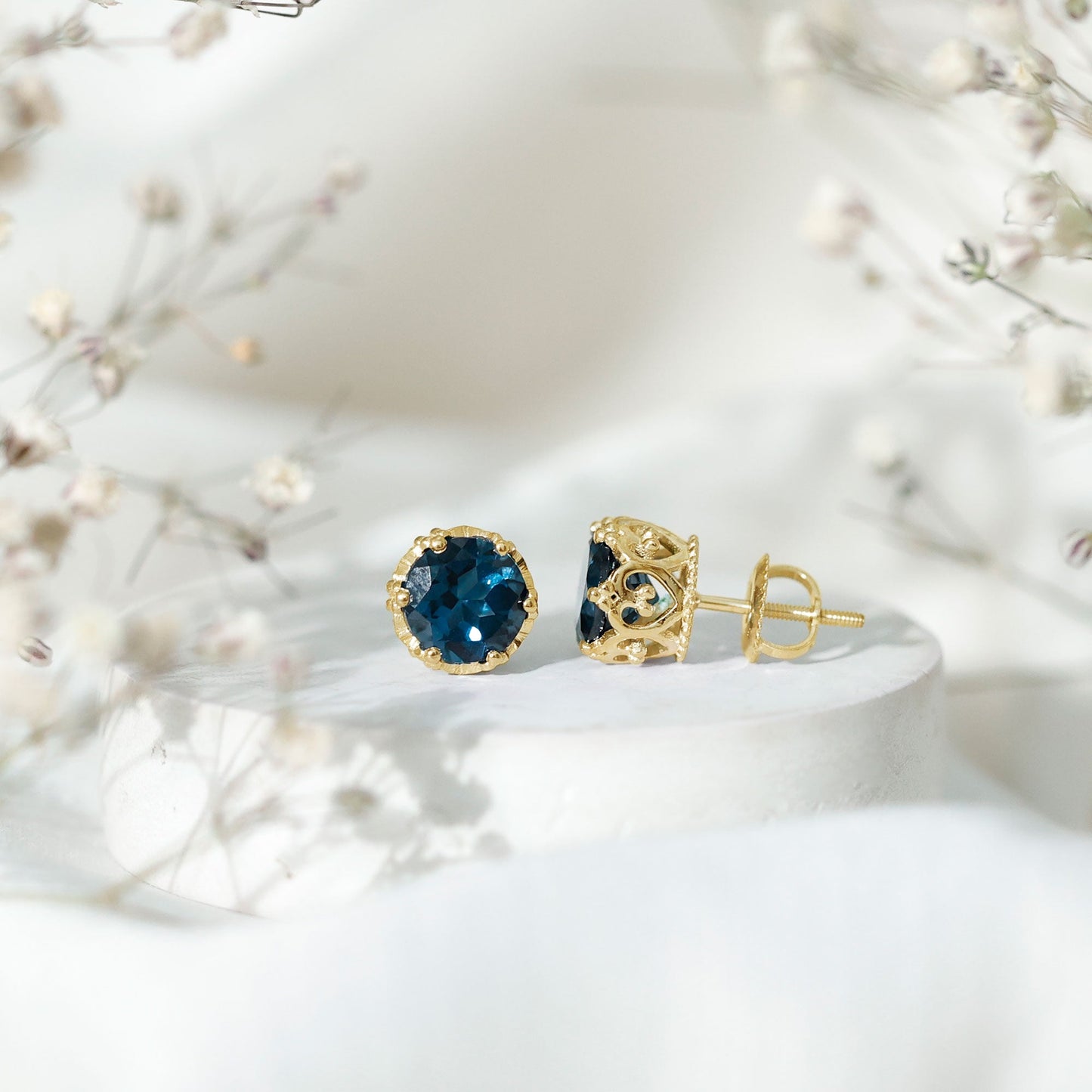 2.7 Carat Round Cut London Blue Topaz Crown Stud Earrings