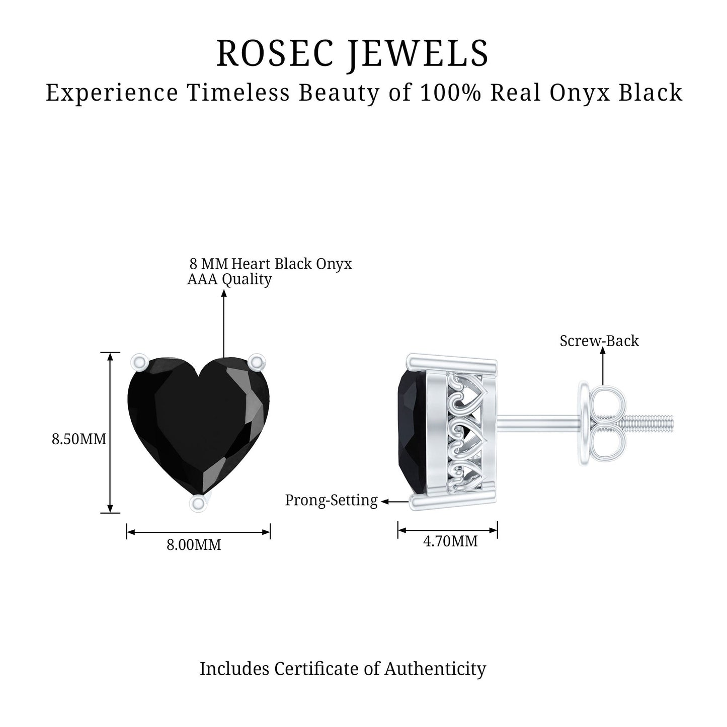 4.2 Carat Heart Shape Black Onyx Solitaire Stud Earrings in 3 Prong Setting