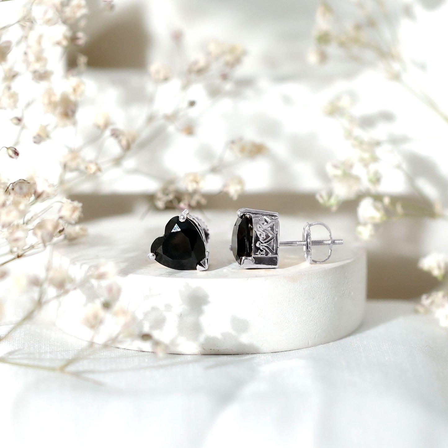 4.2 Carat Heart Shape Black Onyx Solitaire Stud Earrings in 3 Prong Setting