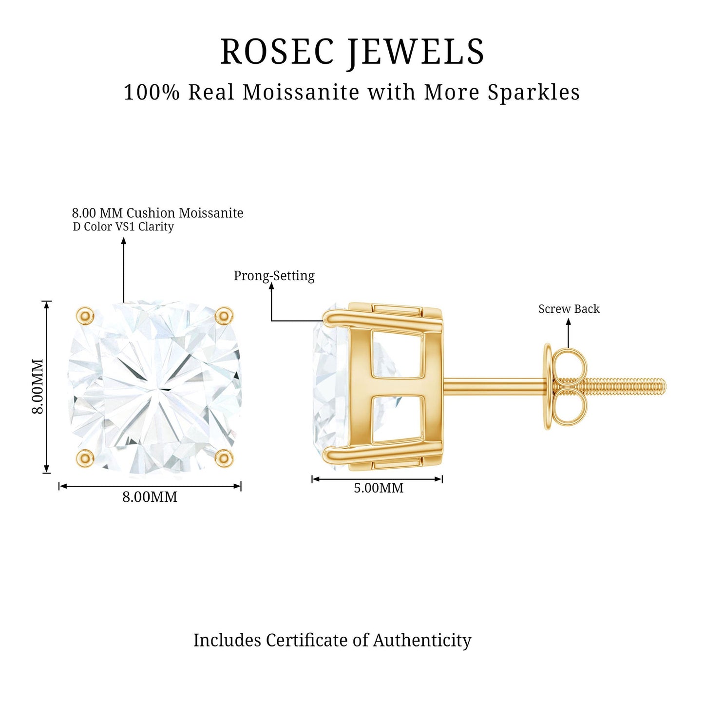 Certified 6.3 Carat Cushion Cut Moissanite Stud Earrings