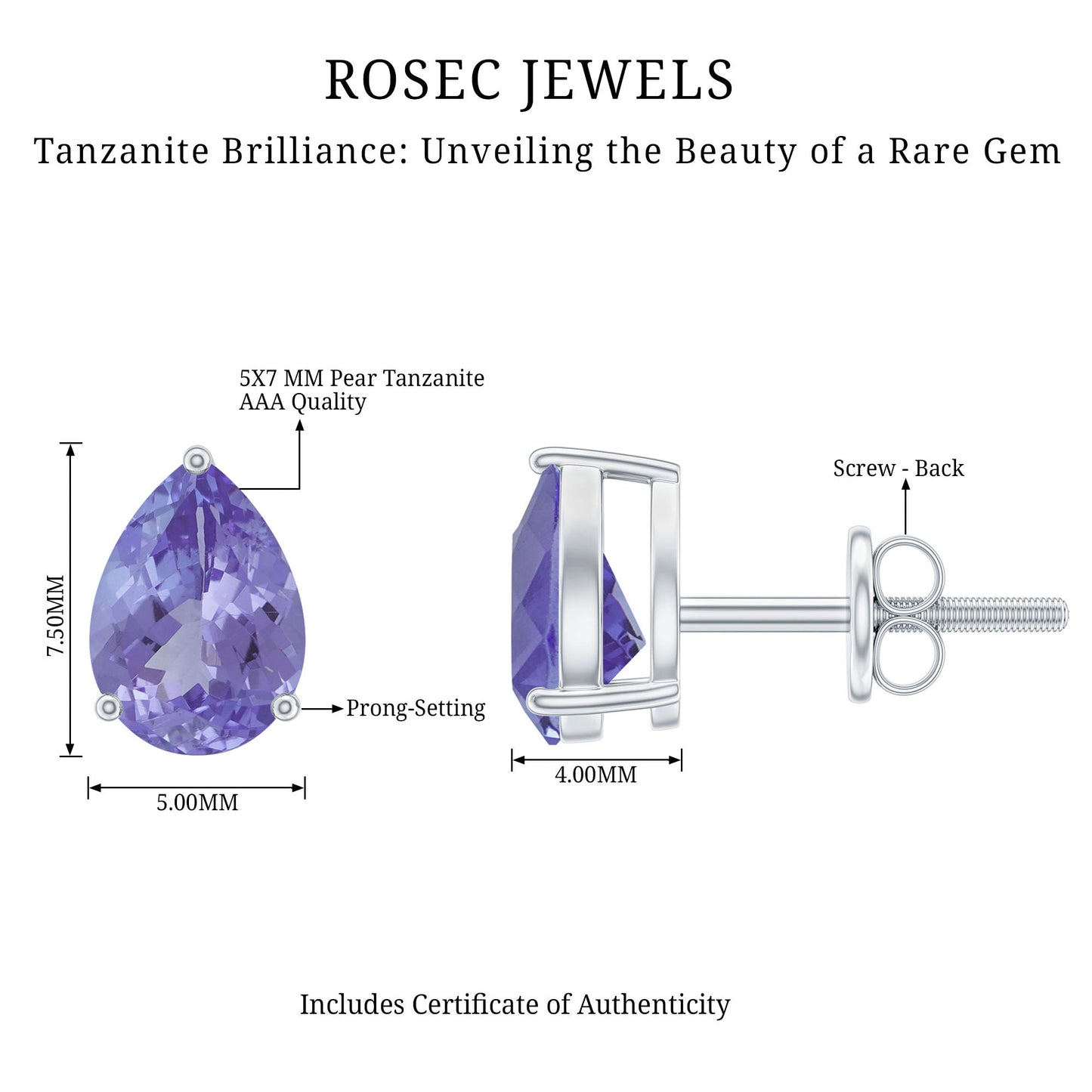 Natural 1.6 Carat Pear Shape Tanzanite Studs