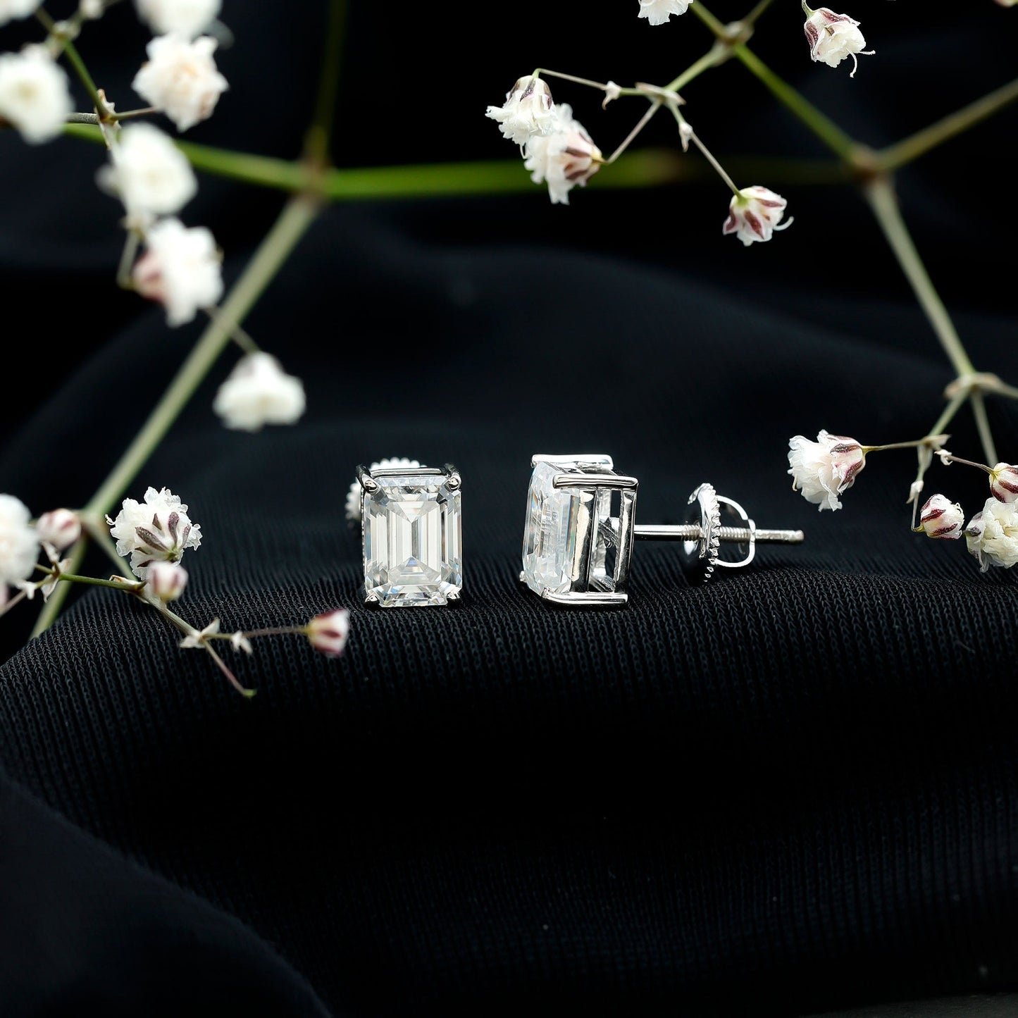 Certified 3.7 Carat Moissanite Emerald Cut Stud Earrings
