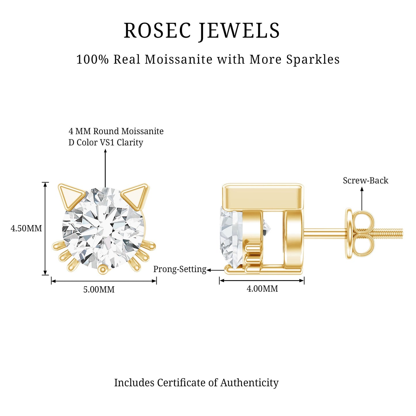 Dainty Round Shape Moissanite Cat Stud Earrings