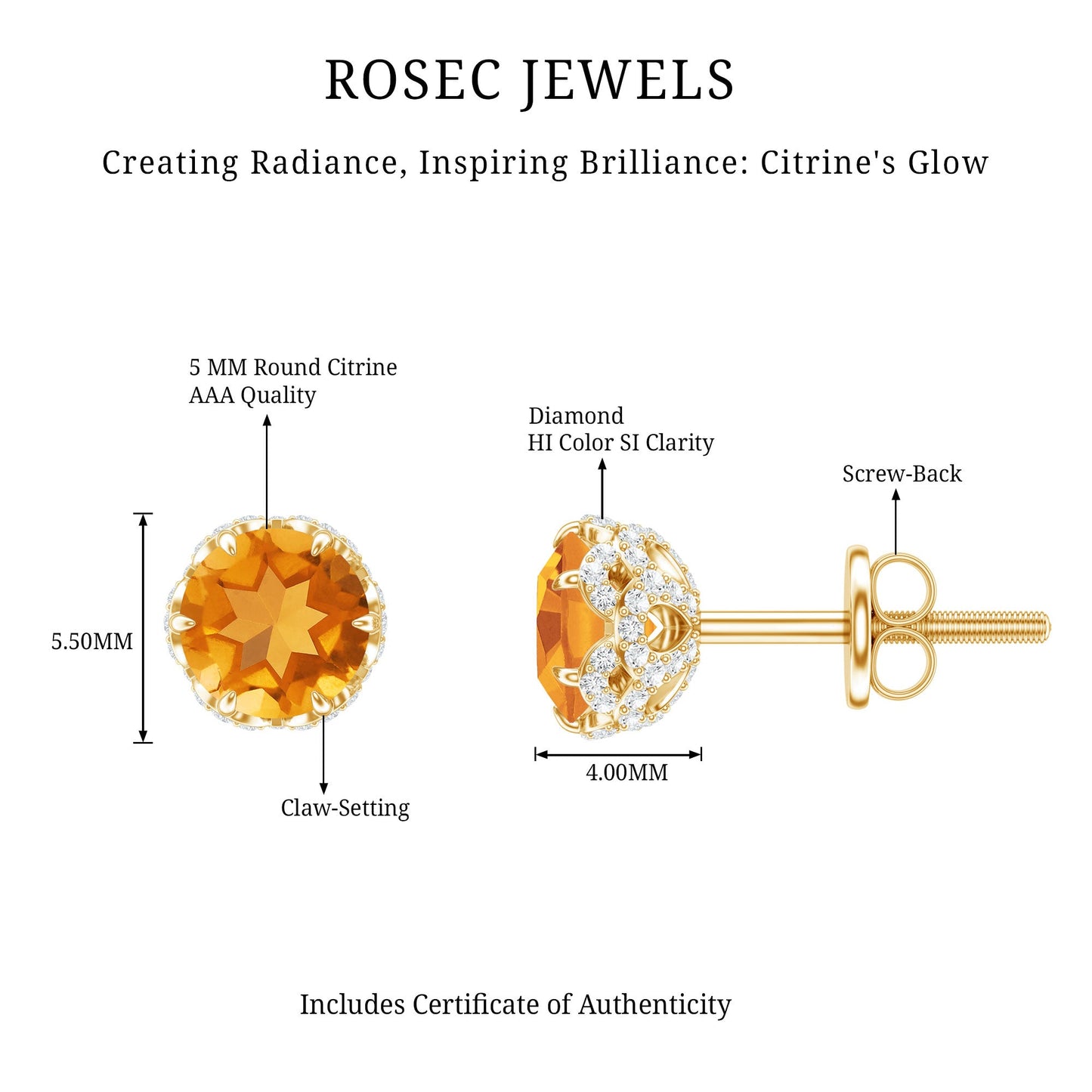 Designer Citrine Diamond Stud Earrings with Screw Back