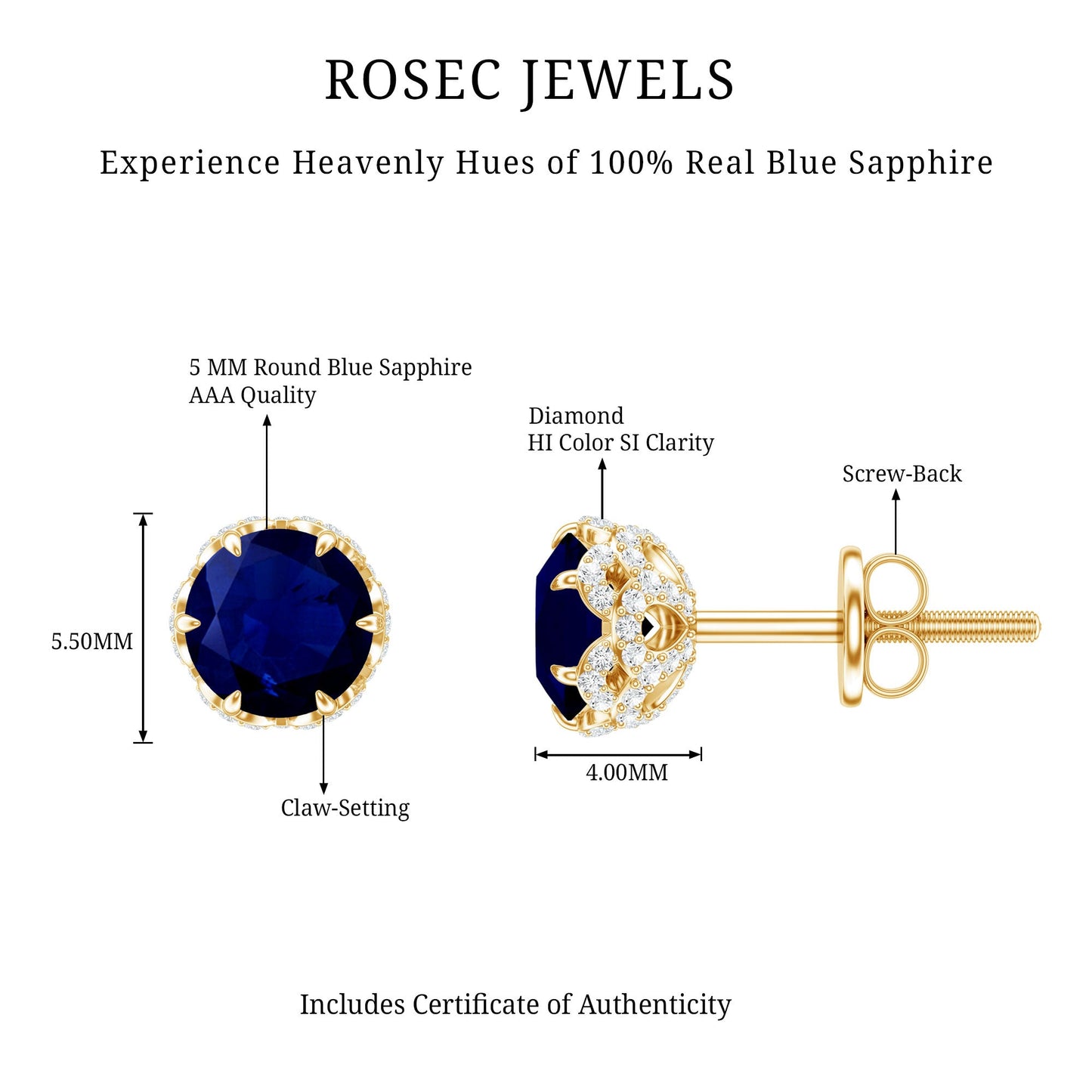 Designer Blue Sapphire Stud Earrings with Diamond