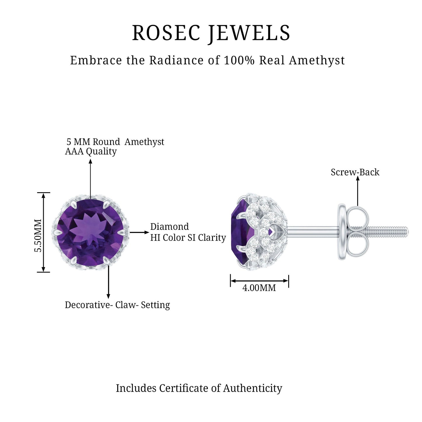 Natural Amethyst Stud Earrings with Diamond