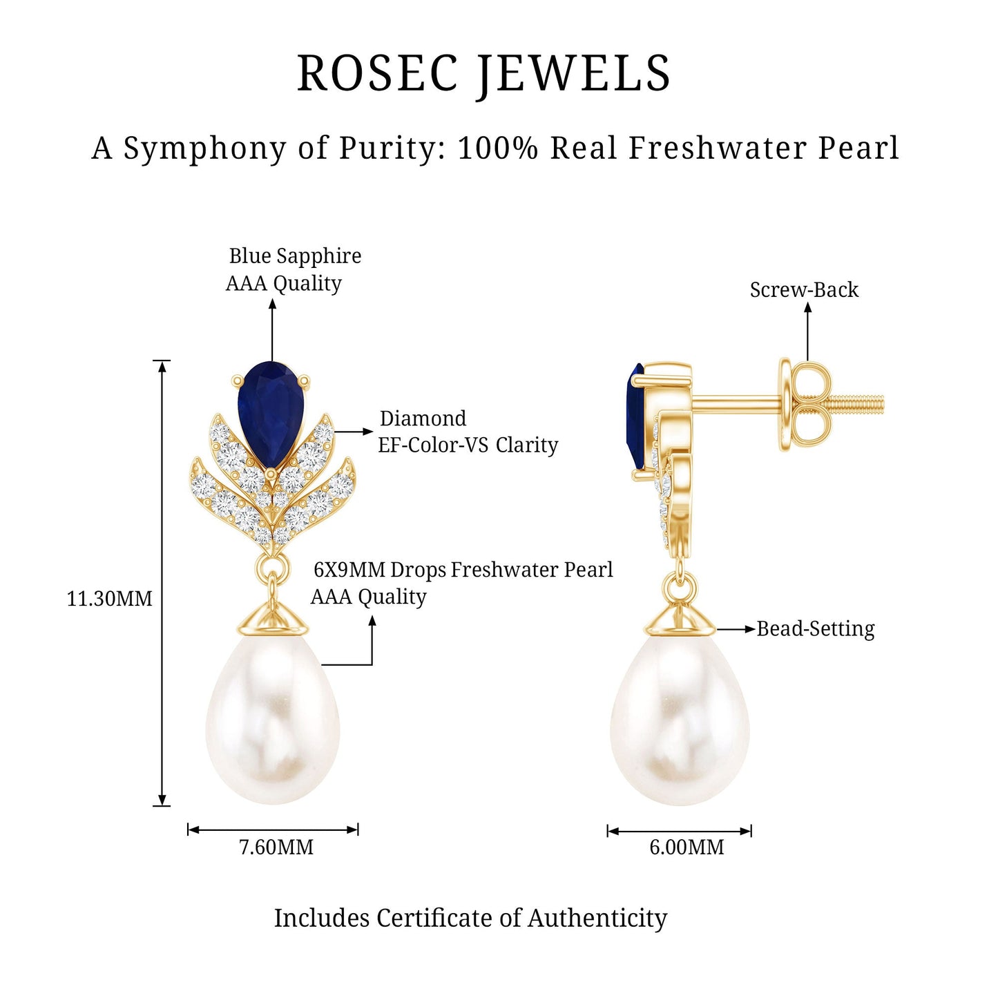 Freshwater Pearl and Blue Sapphire Teardrop Earrings with Moissanite