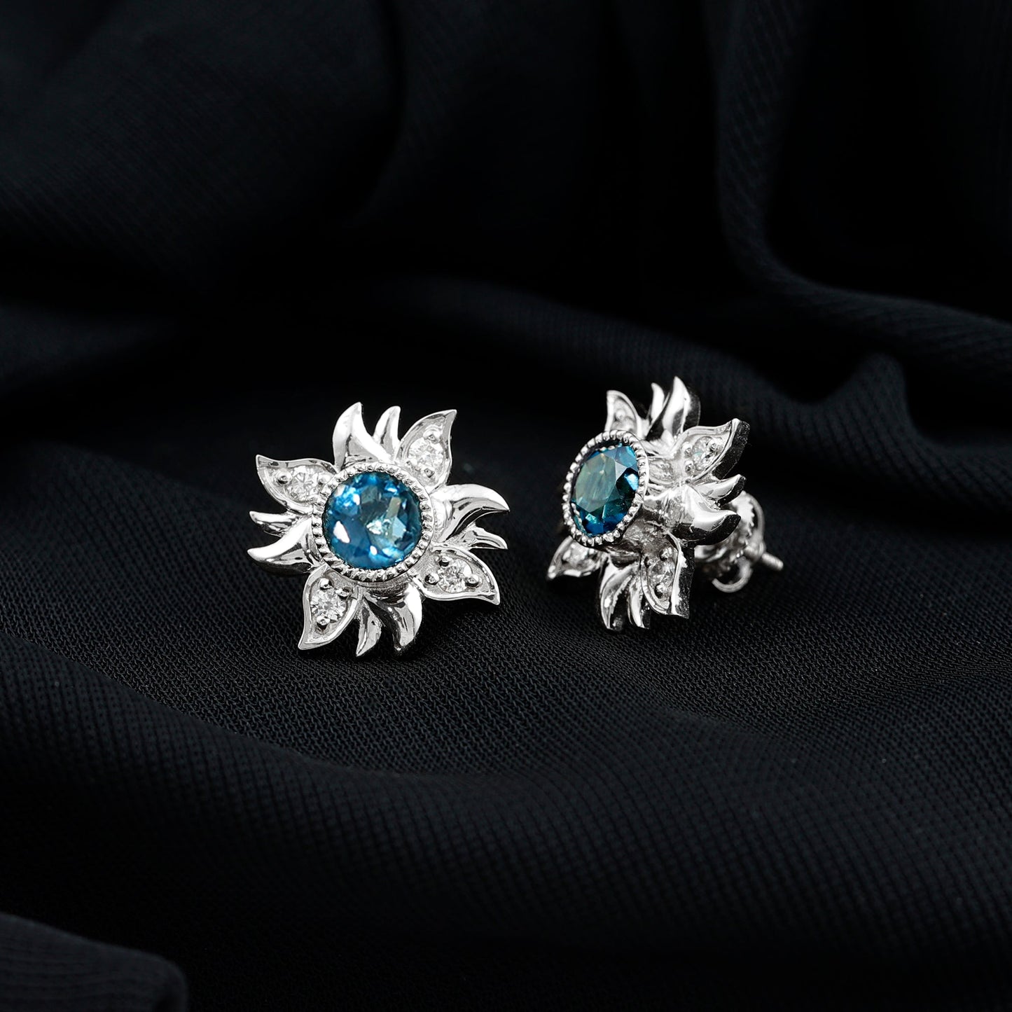 London Blue Topaz and Diamond Flower Stud Earrings