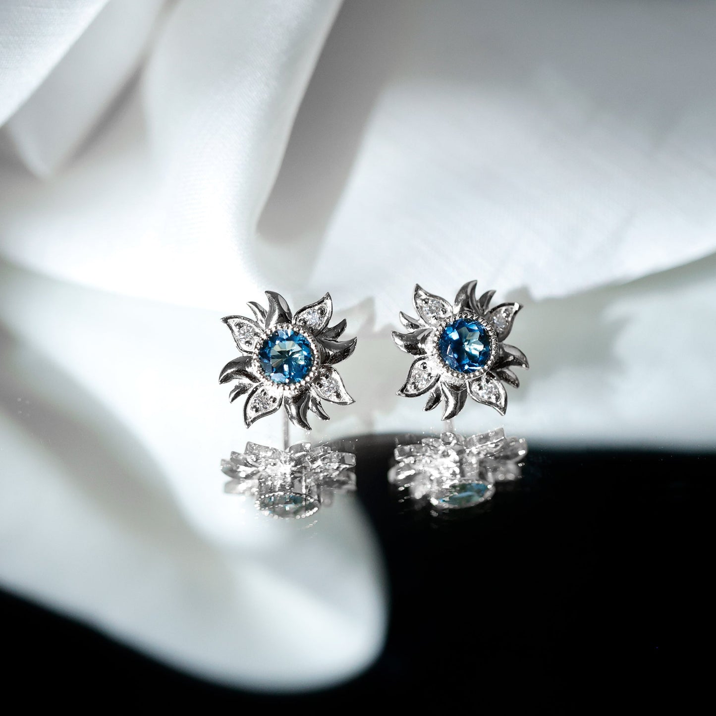 London Blue Topaz and Diamond Flower Stud Earrings