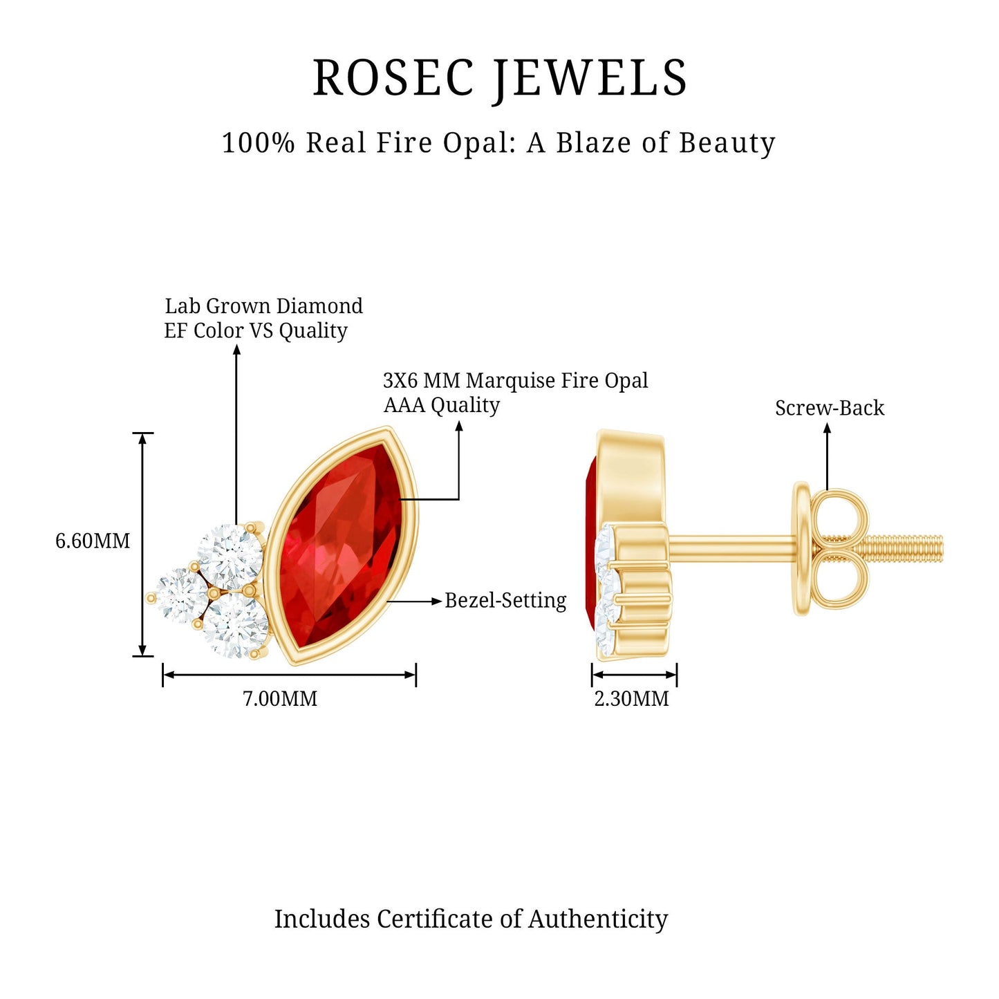 Real Half Carat Fire Opal Stud Earrings with Diamond