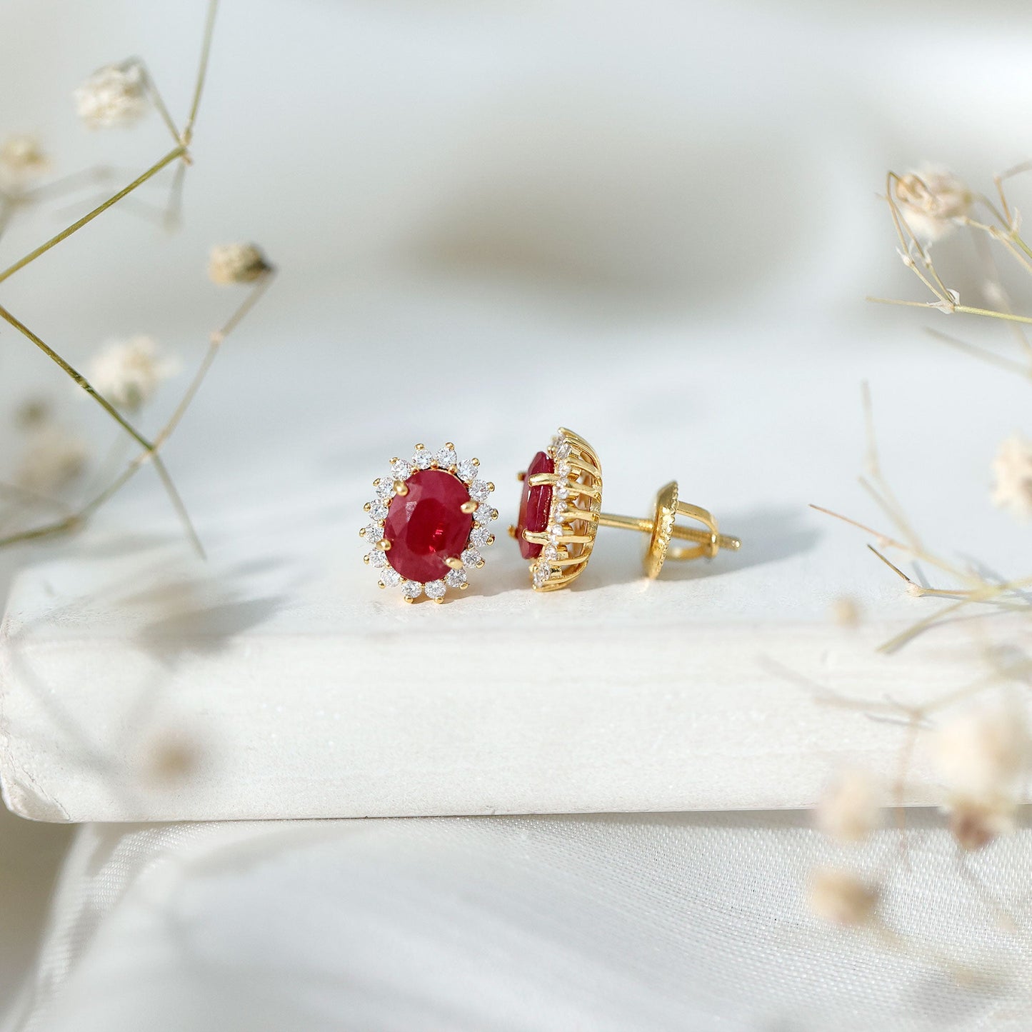 Natural 2 Carat Ruby Stud Earrings With Diamond Halo