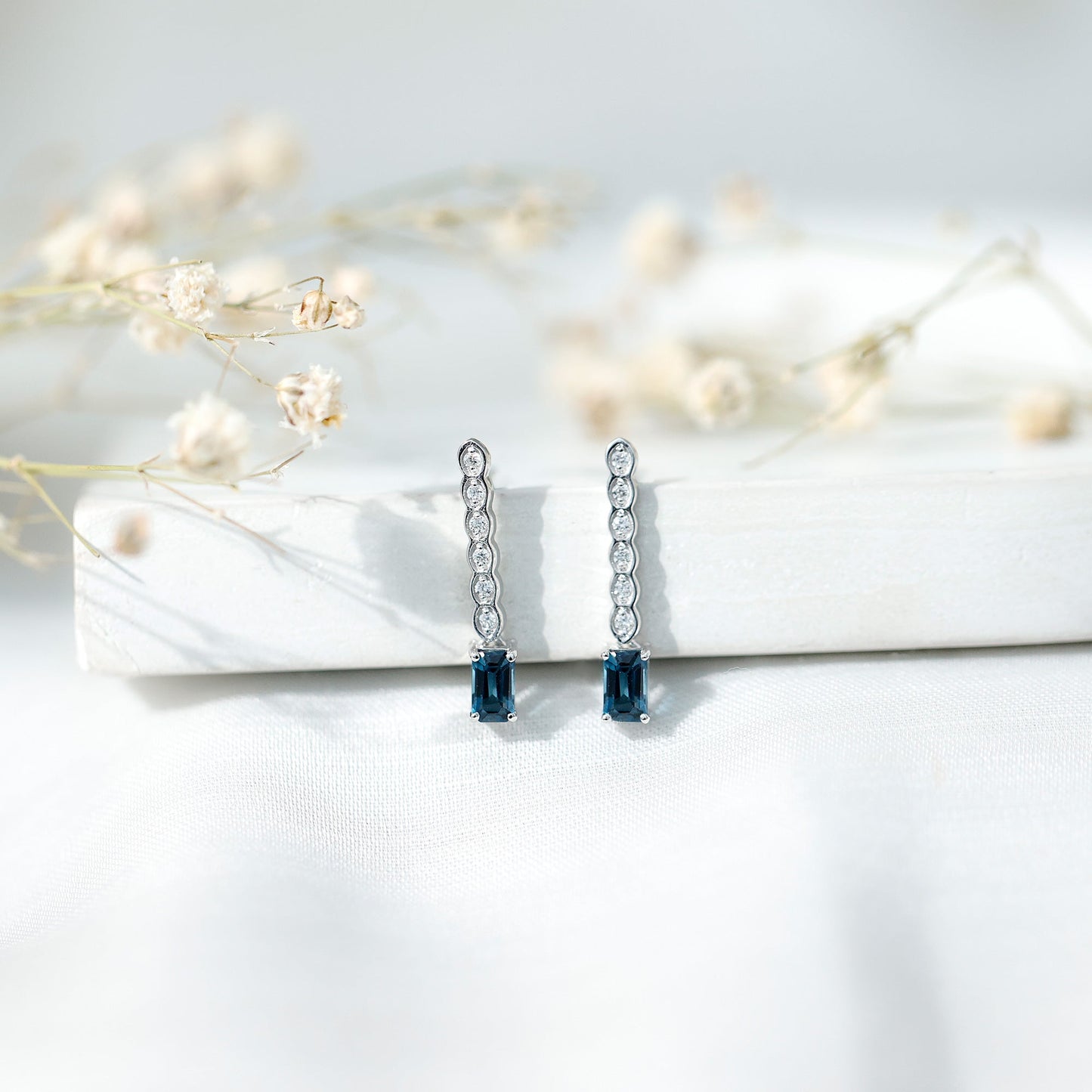 Half Carat Emerald Cut London Blue Topaz Dangle Drop Earrings with Diamond