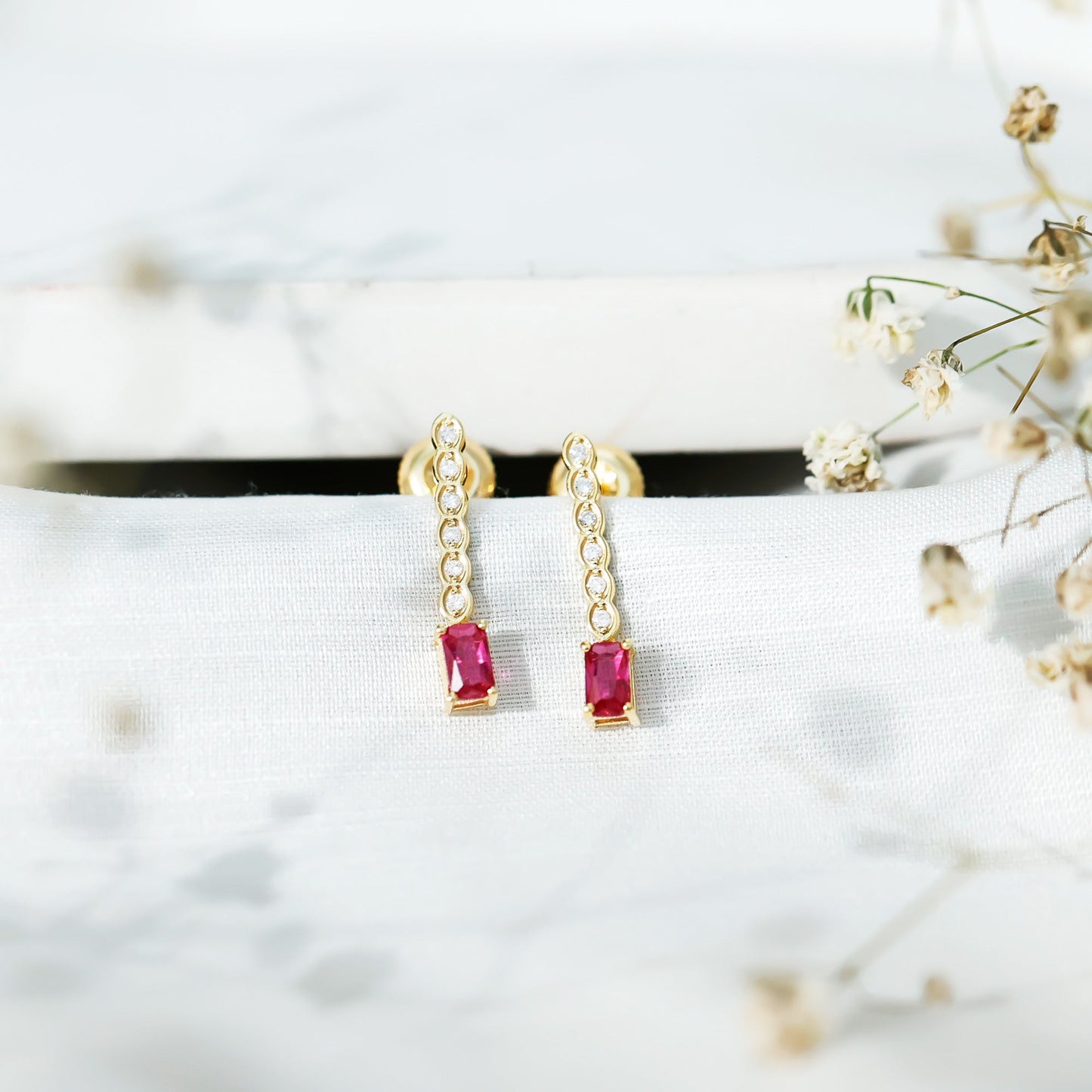 Lab Grown Ruby and Diamond Dangle Earrings For Women