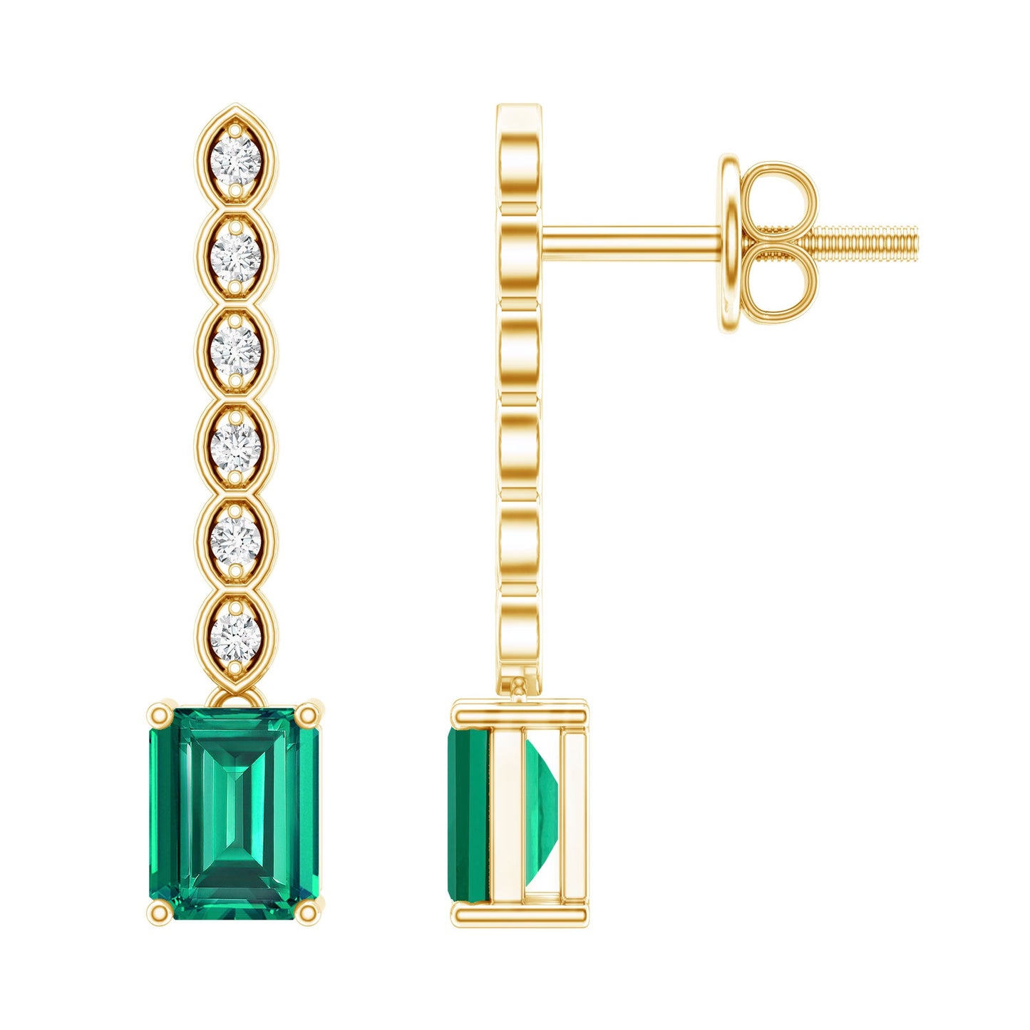 Antique Looking Lab Grown Emerald and Diamond Dangle Drop Earrings