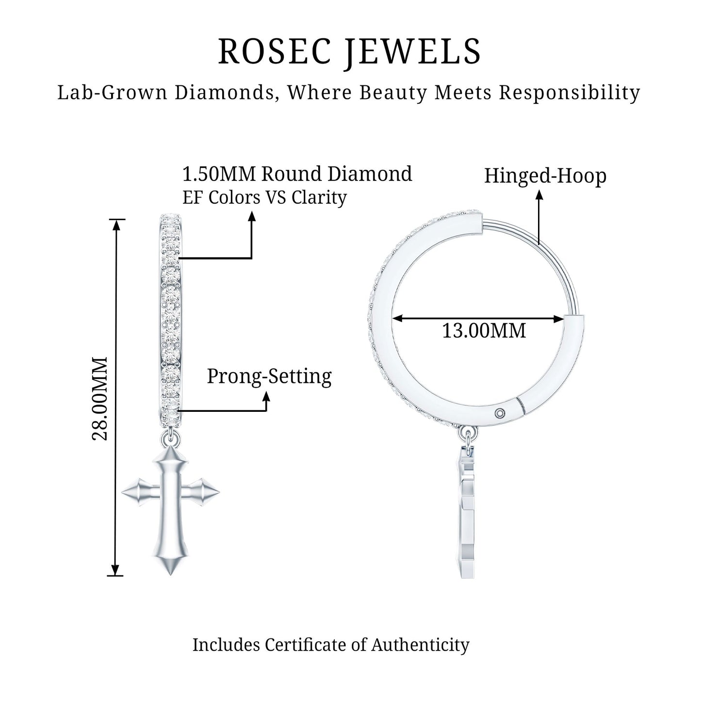 Lab Grown Diamond Holy Cross Hoop Drop Earrings For Women