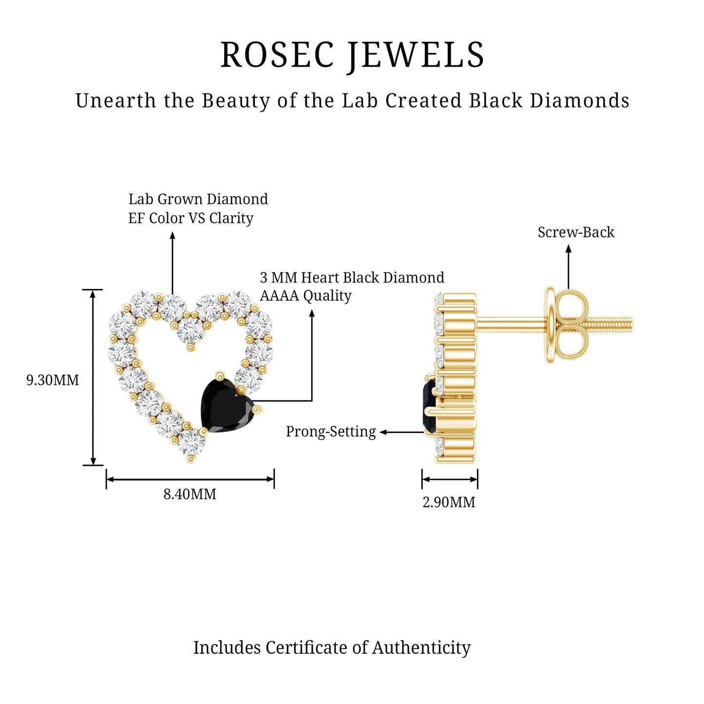 Lab Created Black and White Diamond Heart Stud Earrings in Silver