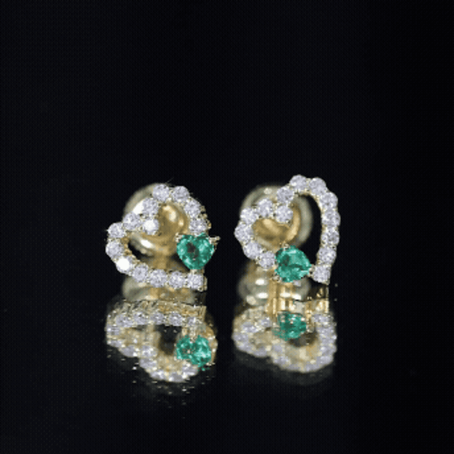 Lab Grown Emerald and Diamond Heart Stud Earrings in Yellow Gold Plated Silver