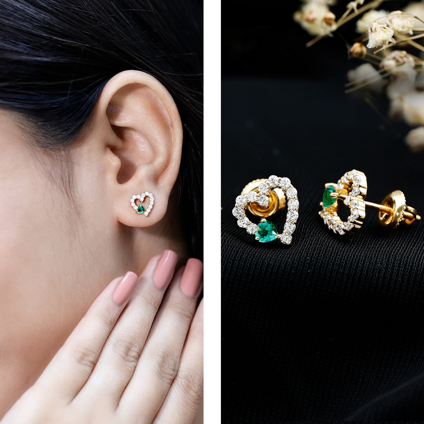 Lab Grown Emerald and Diamond Heart Stud Earrings in Yellow Gold Plated Silver