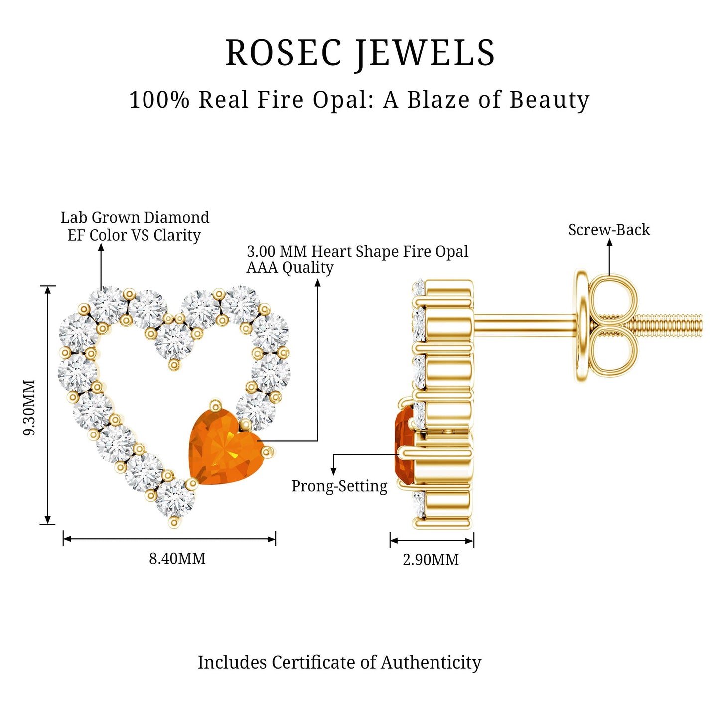 Certified Fire Opal and Diamond Heart Stud Earrings in Silver
