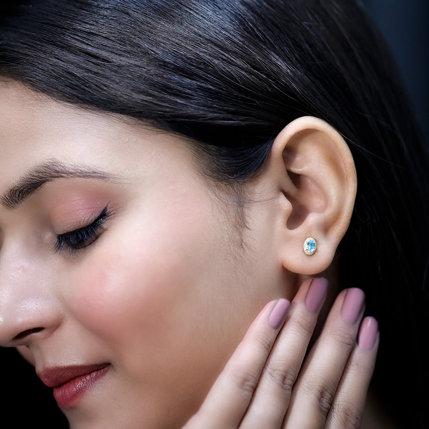 Natural Swiss Blue Topaz Stud Earrings with Diamond Halo