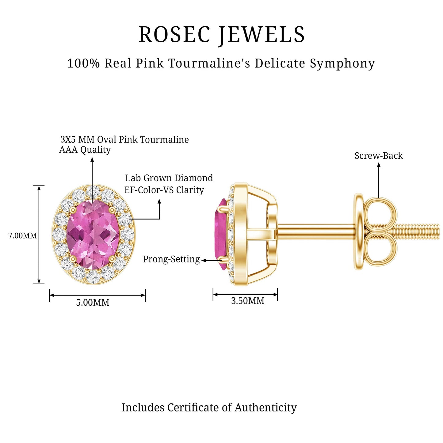 Genuine Oval Shaped Pink Tourmaline and Diamond Halo Stud Earrings