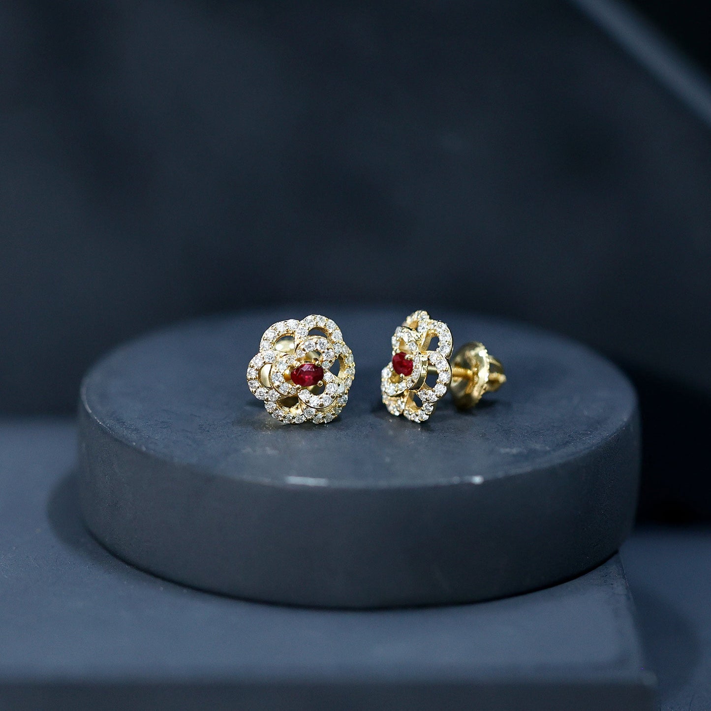 Certified Lab Grown Ruby Flower Stud Earrings with Diamond