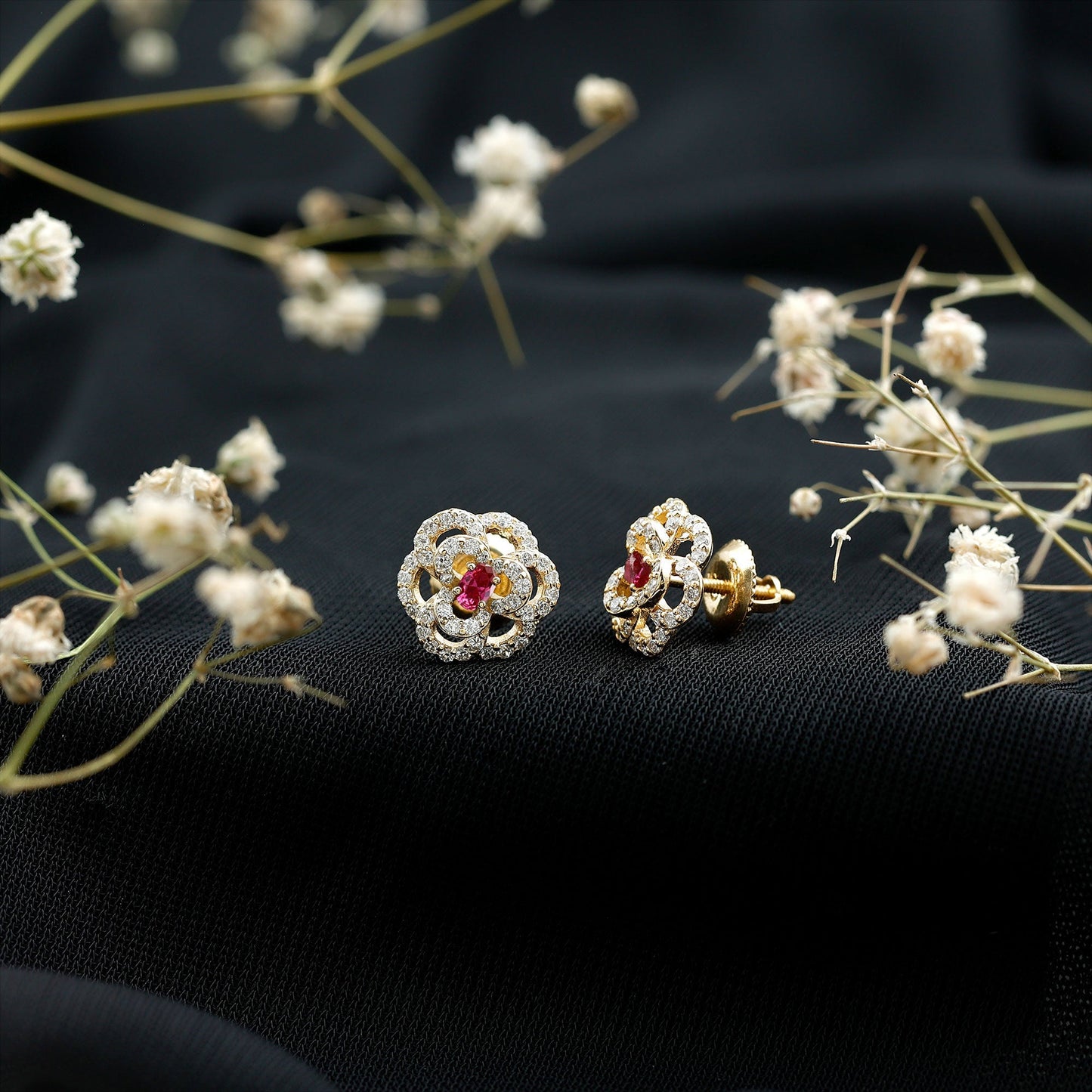 Certified Lab Grown Ruby Flower Stud Earrings with Diamond
