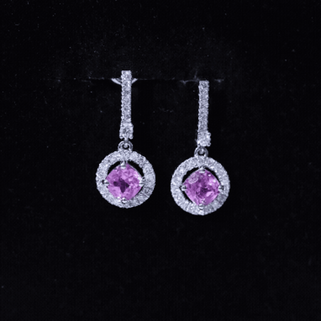 Lab Grown Pink Sapphire and Diamond Bridal Earrings in Silver