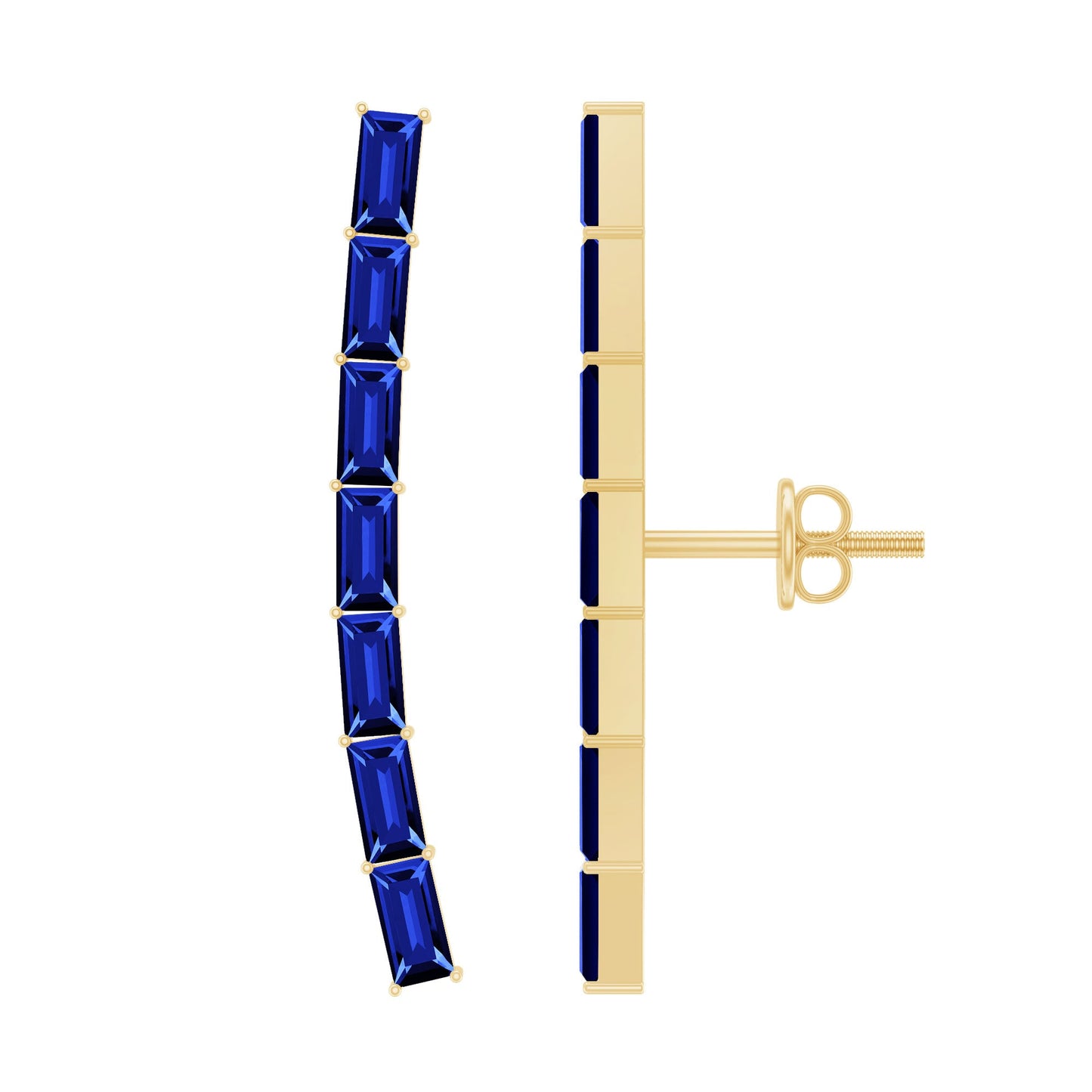 Baguette Cut Lab Grown Blue Sapphire Climber Earrings