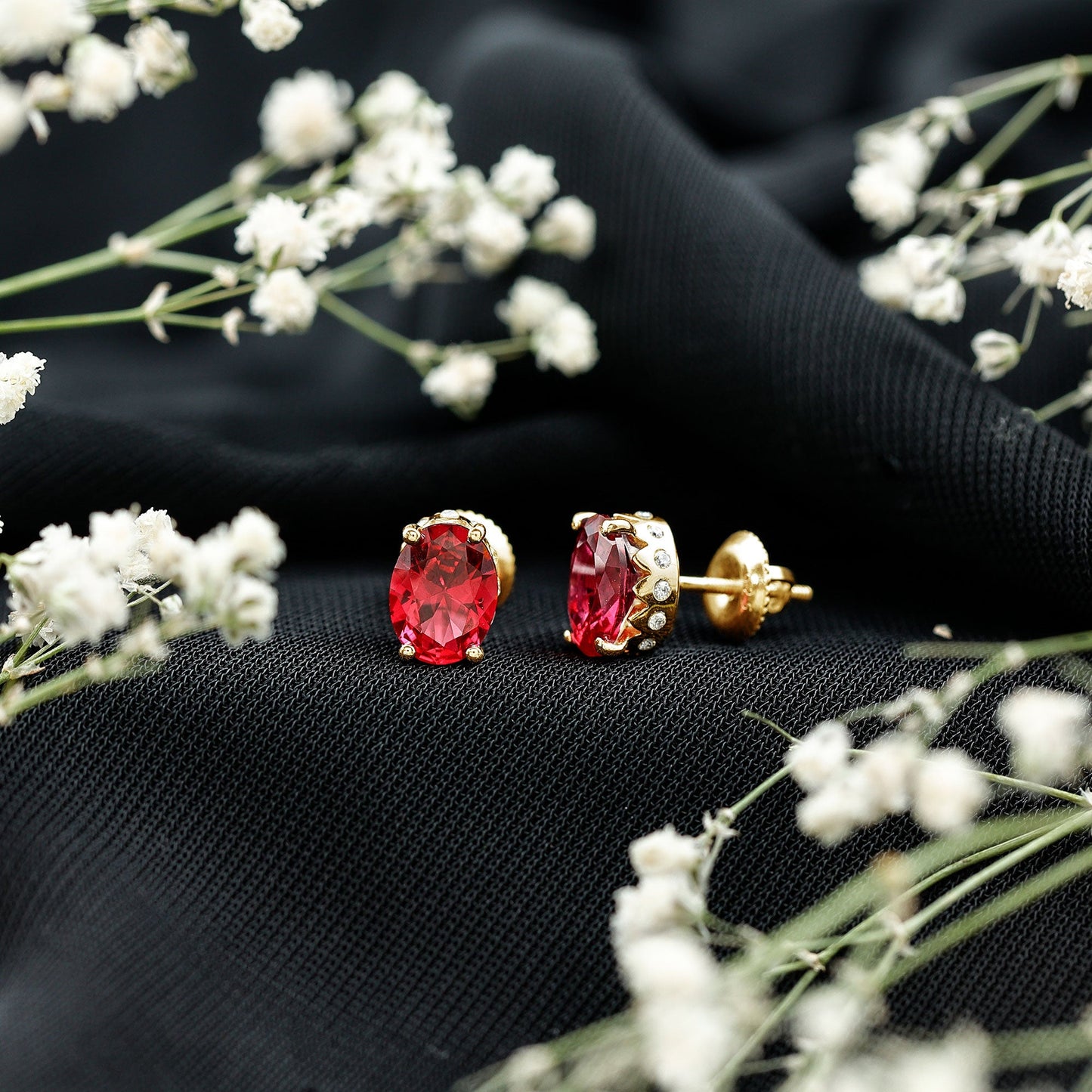3 CT Oval Lab-Created Ruby Bridal Stud Earrings with Diamond