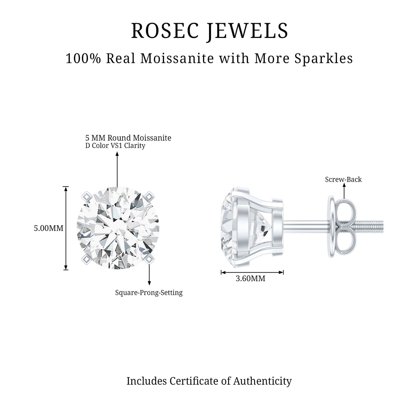 1 Carat Round Shape Solitaire Moissanite Stud Earrings