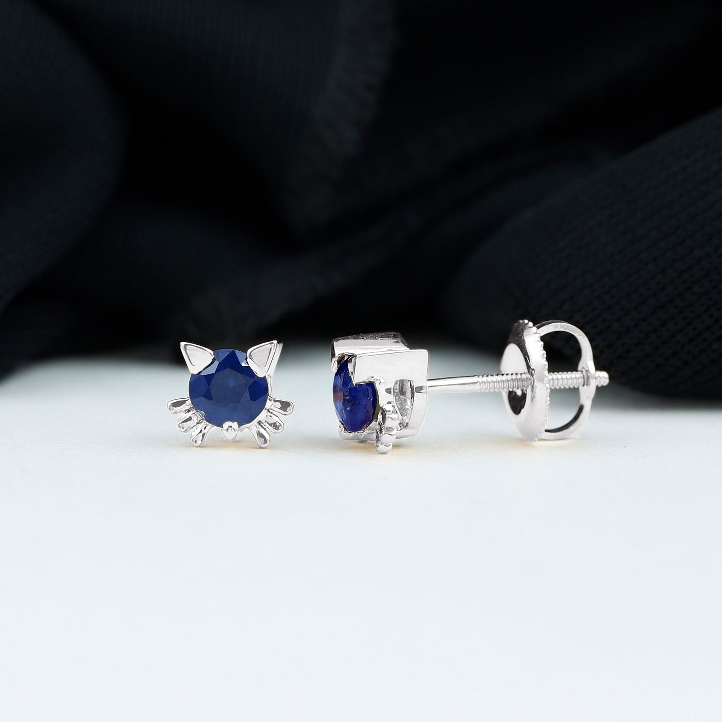 Natural 0.8 Carat Blue Sapphire Hello Kitty earrings for Women