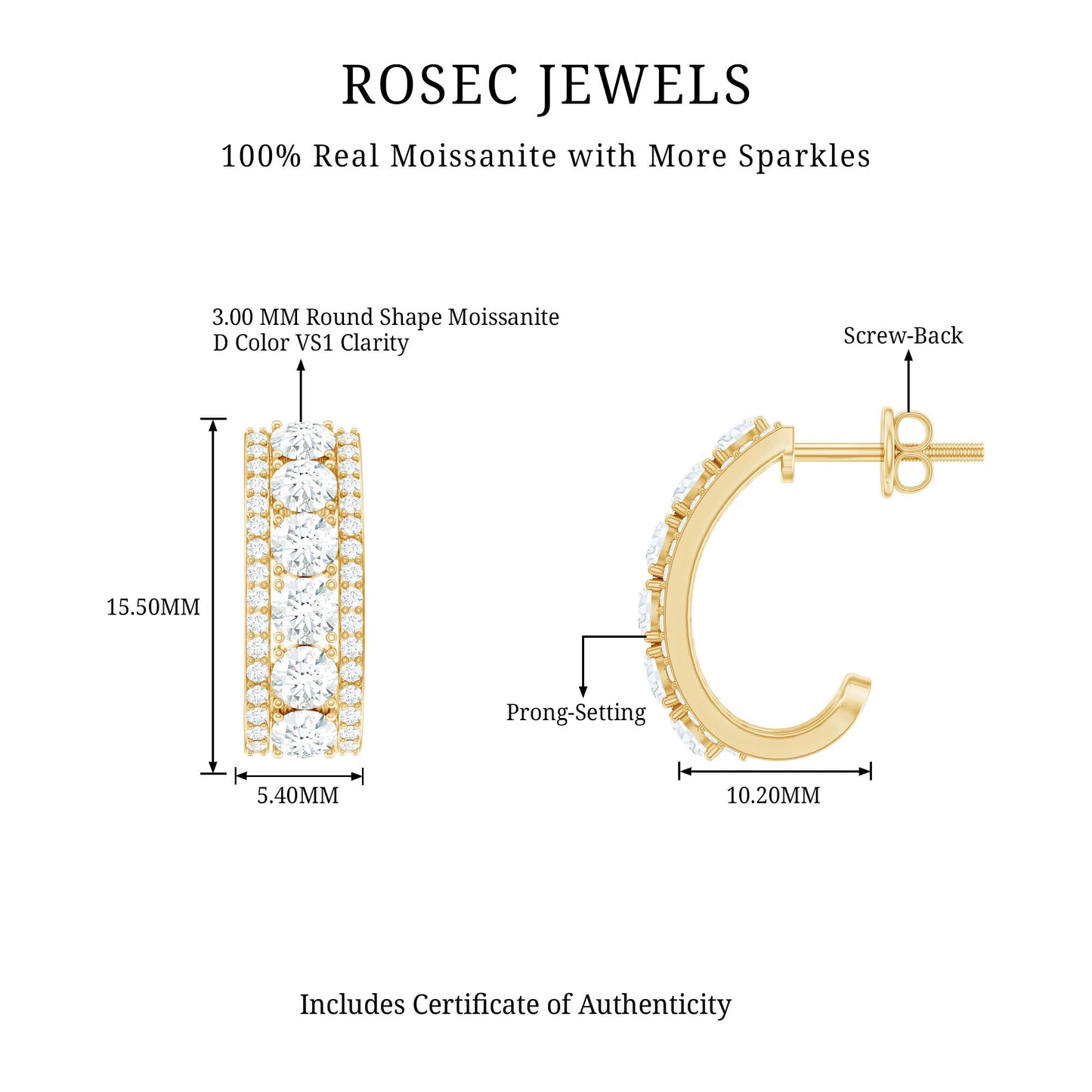 Certified Moissanite J Hoop Earrings for Women