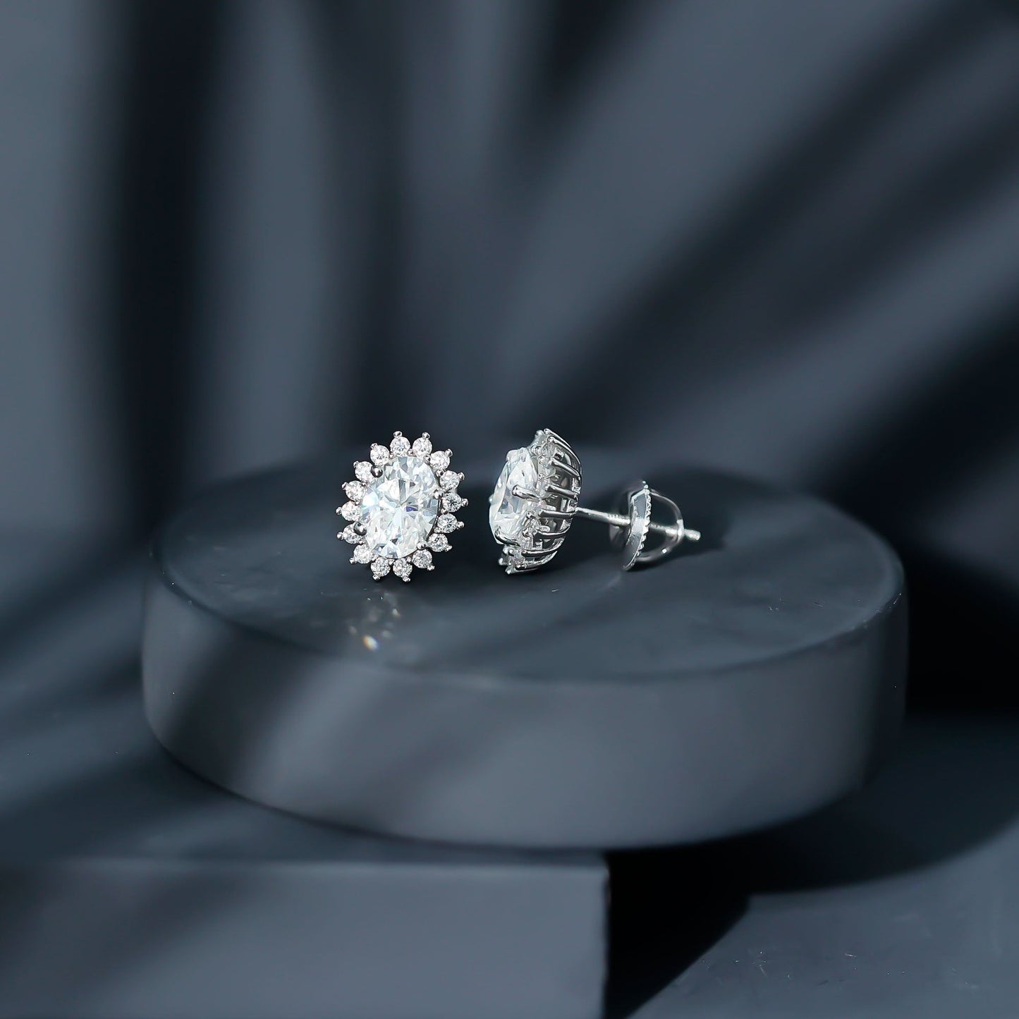 2 Carat Oval Moissanite Halo Stud Earrings In Sterling Silver