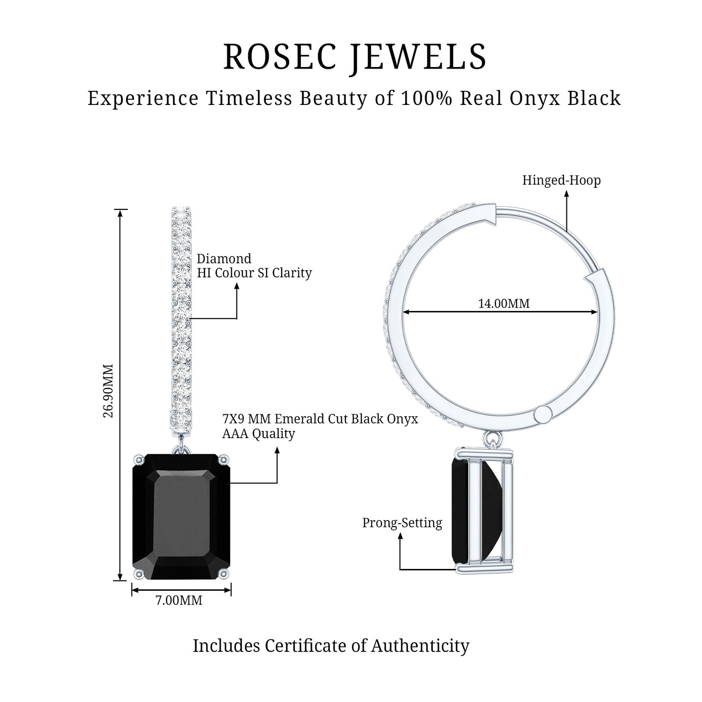 Natural 3.6 Carat Emerald Cut Black Onyx Hoop Drop Earrings with Diamond
