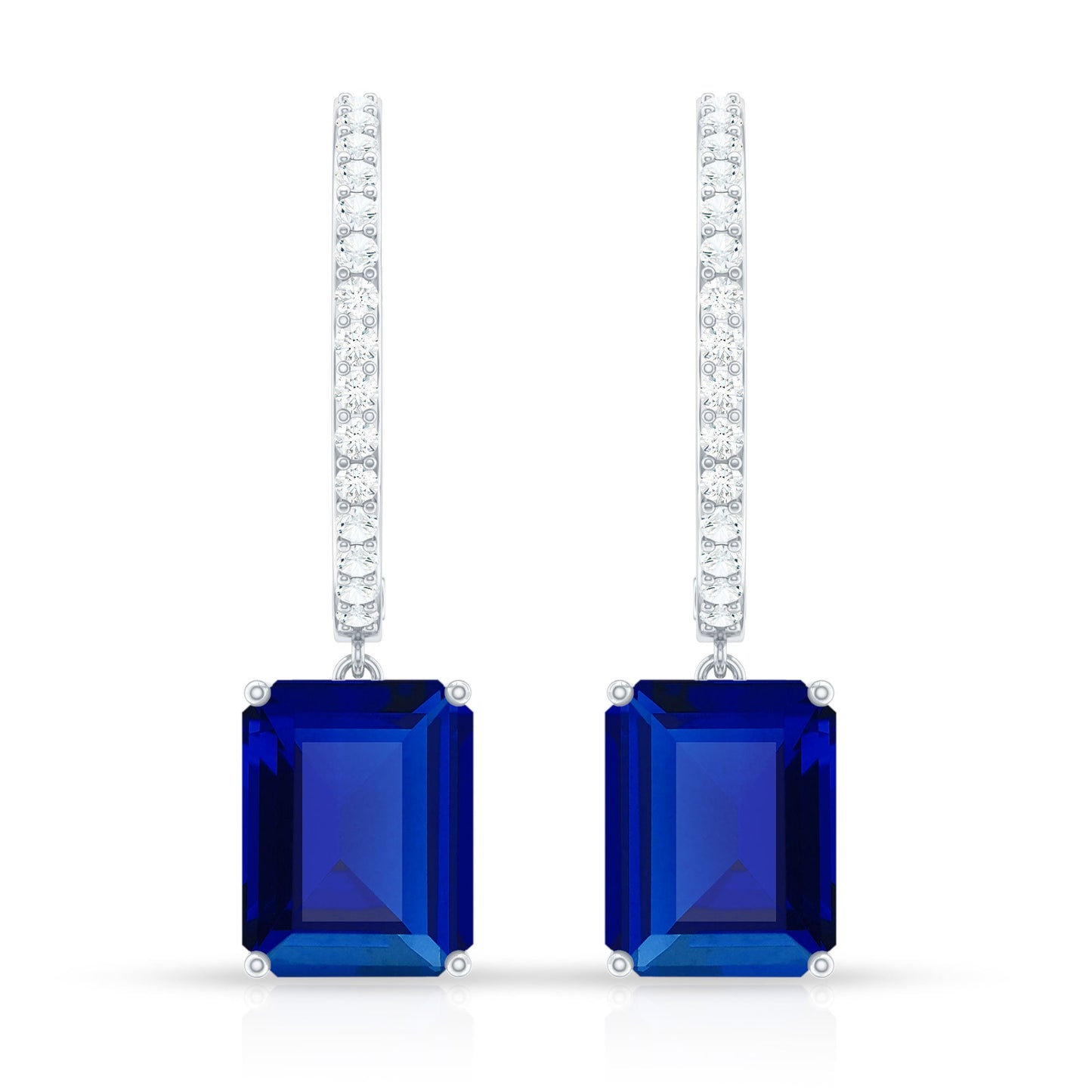 Emerald Cut Lab Created Blue Sapphire and Diamond Hoop Drop Earrings