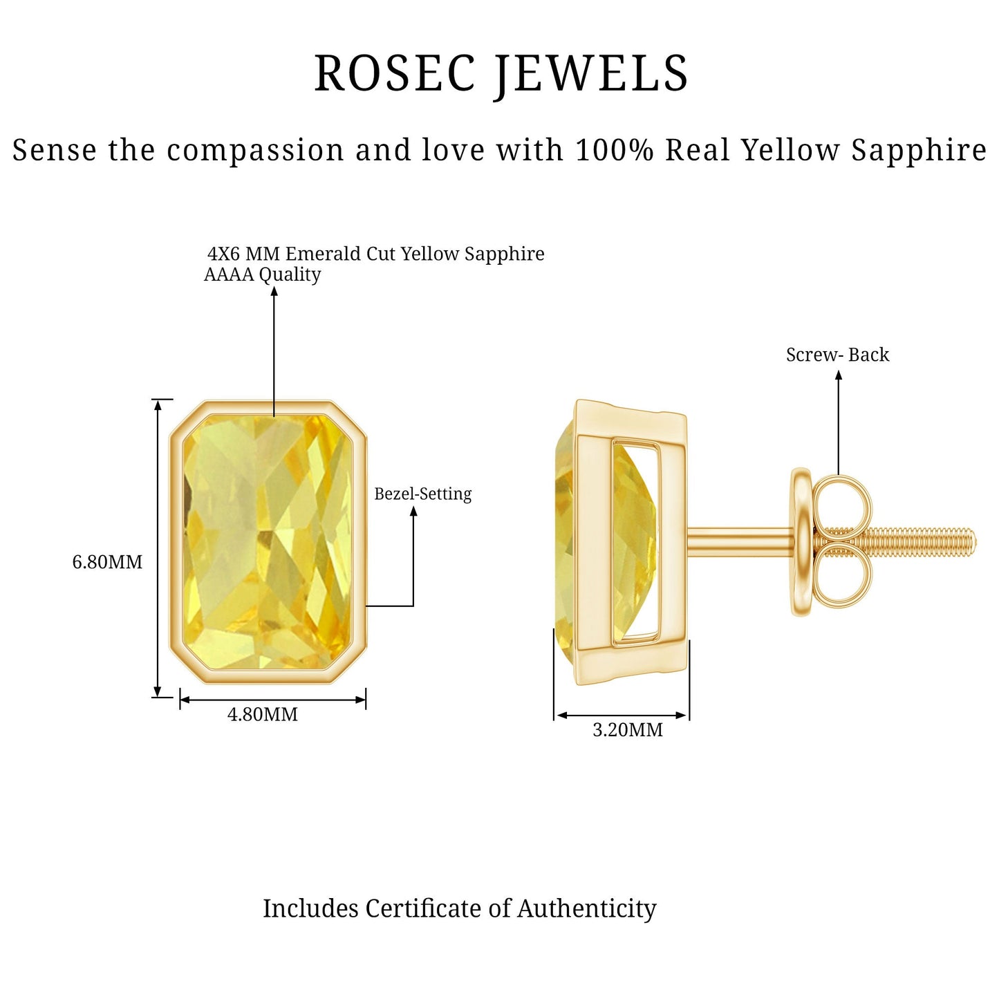 Certified 1.5 Carat Emerald Cut Lab Grown Yellow Sapphire Stud Earrings