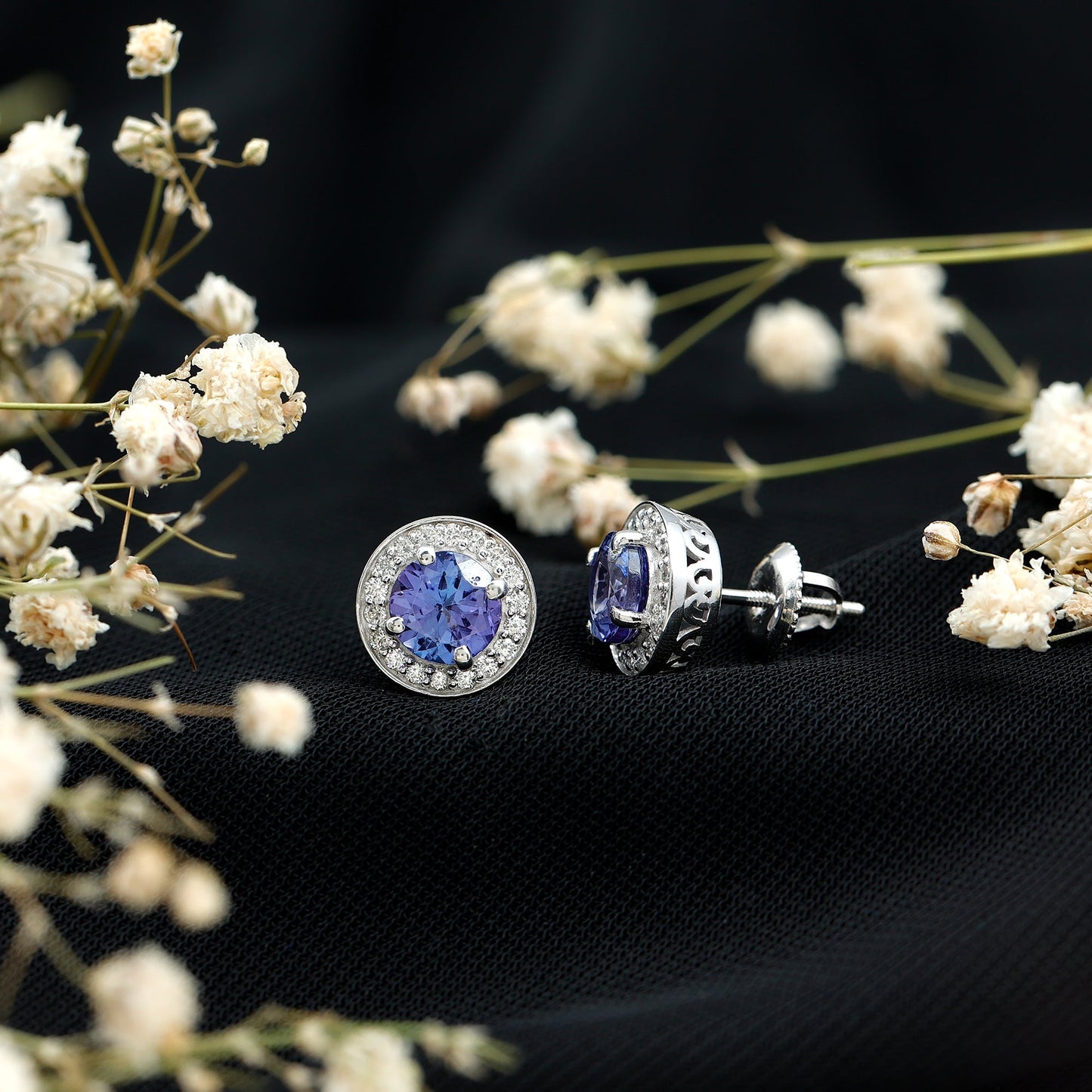 Natural 1.89 Carat Tanzanite and Diamond Stud Earrings For Women