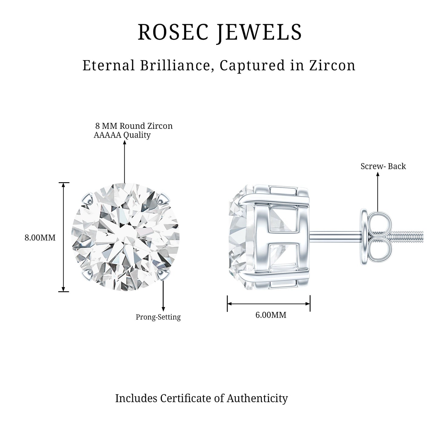 4 Carat Round Cubic Zirconia Stud Earrings in Silver