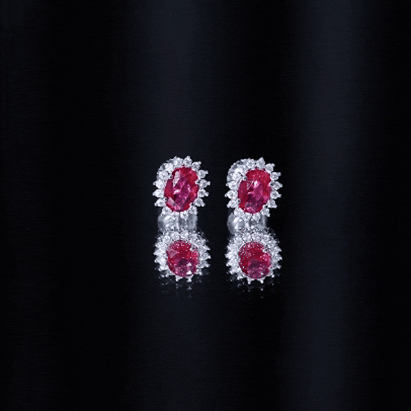 2 Carat Oval Cut Lab Grown Ruby Stud Earrings with Moissanite Halo
