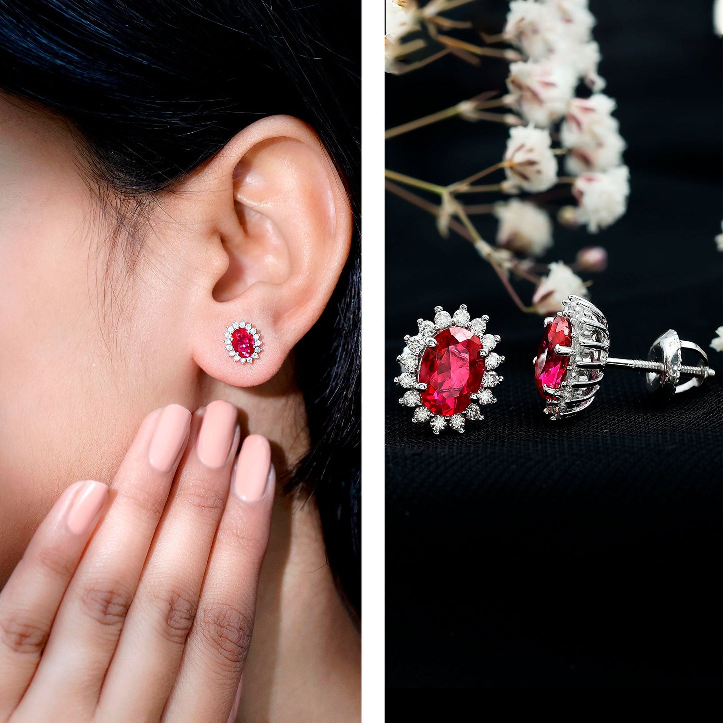 2 Carat Oval Cut Lab Grown Ruby Stud Earrings with Moissanite Halo