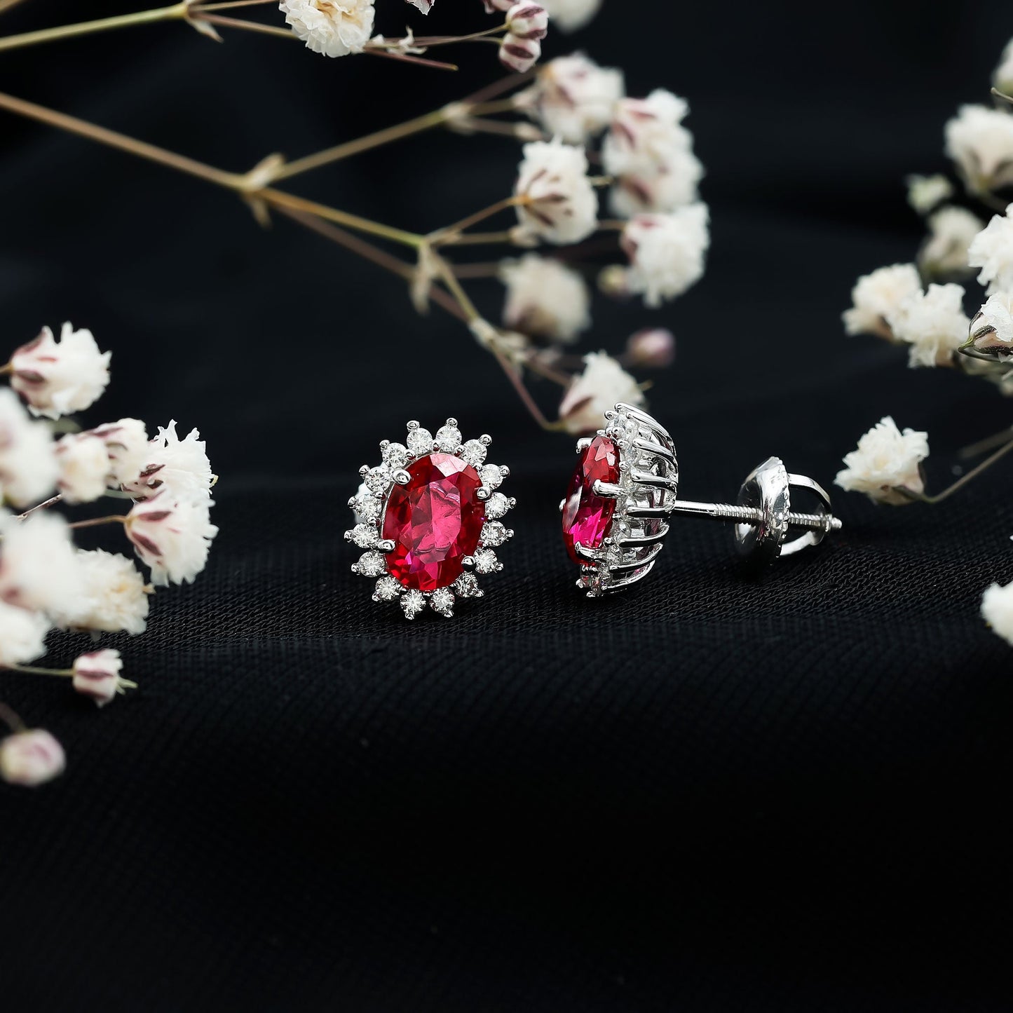 2 Carat Oval Cut Lab Grown Ruby Stud Earrings with Moissanite Halo