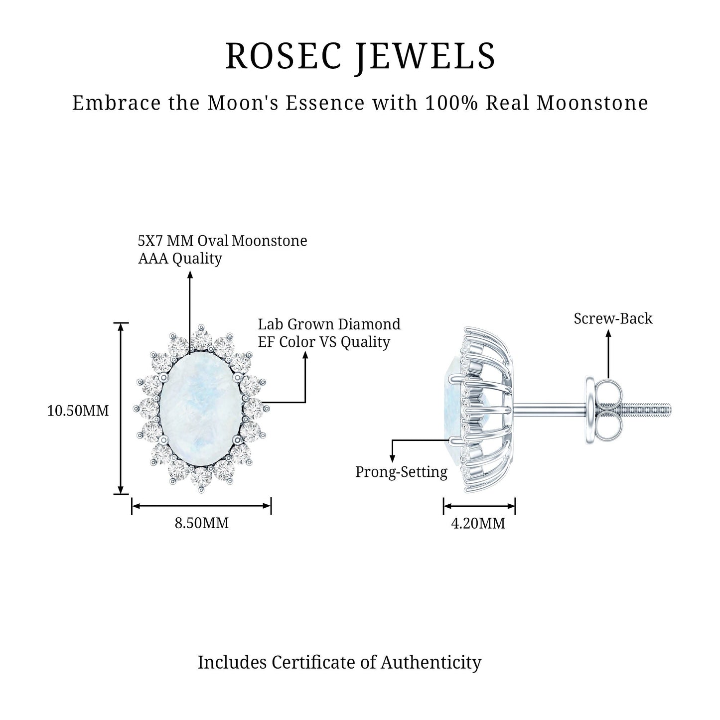 Genuine 2 Carat Moonstone and Diamond Halo Stud Earrings