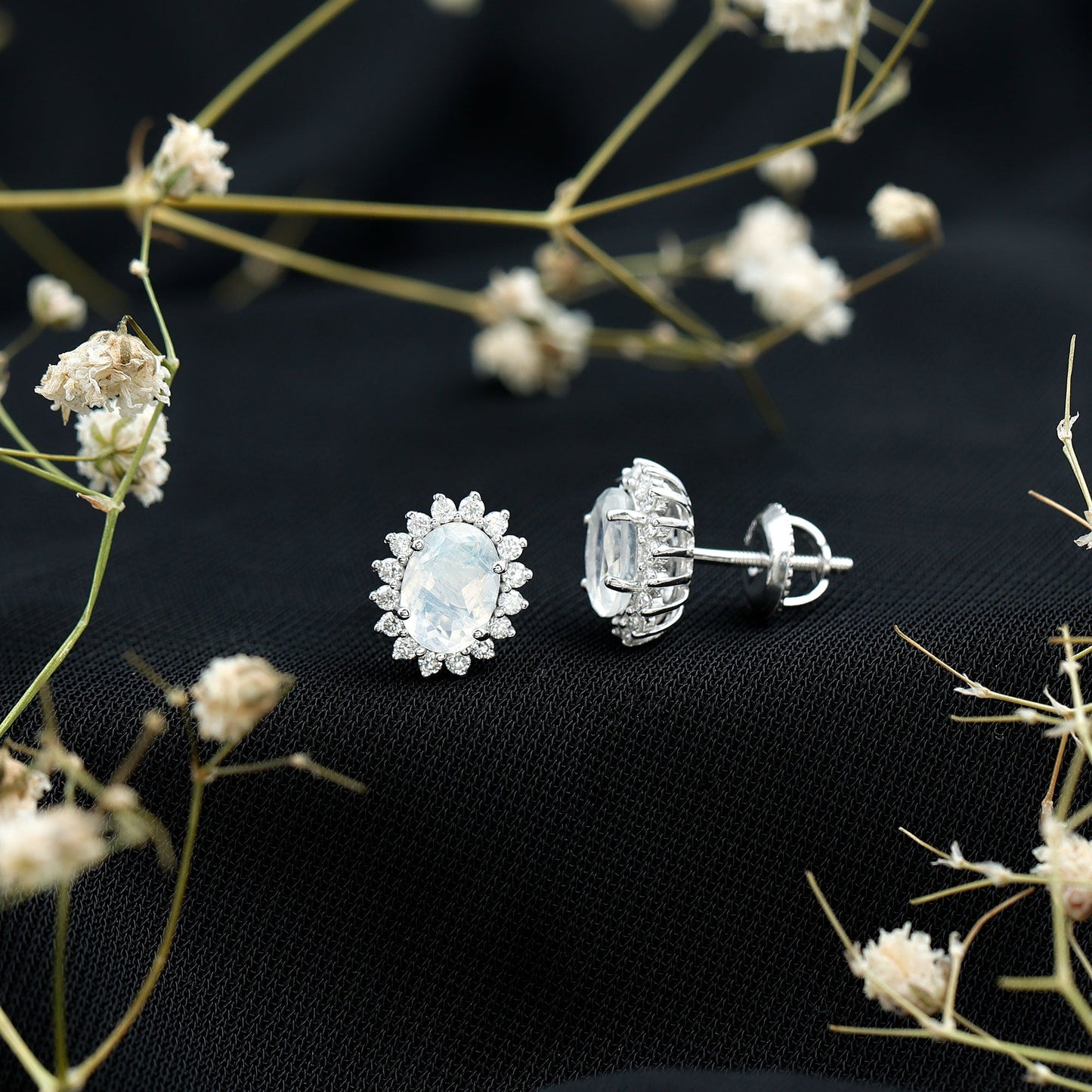 Genuine 2 Carat Moonstone and Diamond Halo Stud Earrings