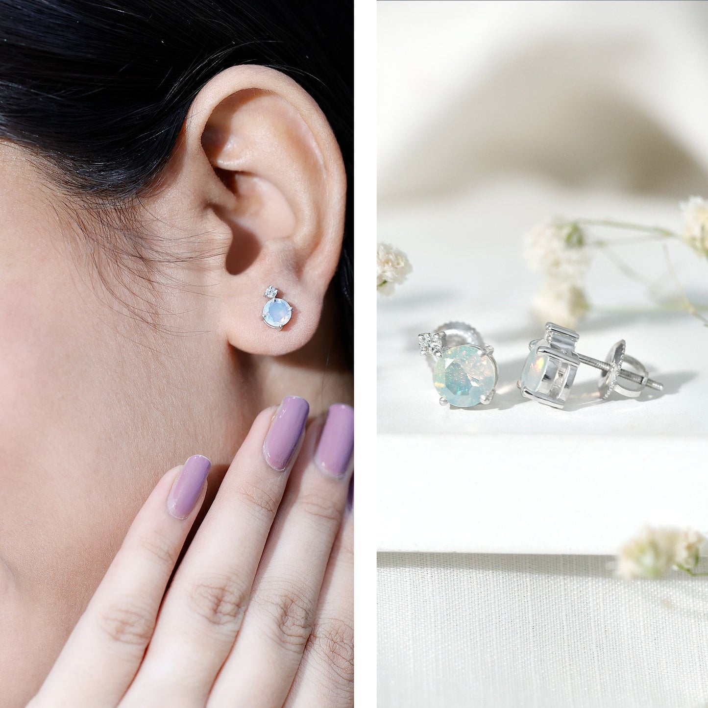 Ethiopian Opal Diamond Solitaire Stud Earrings