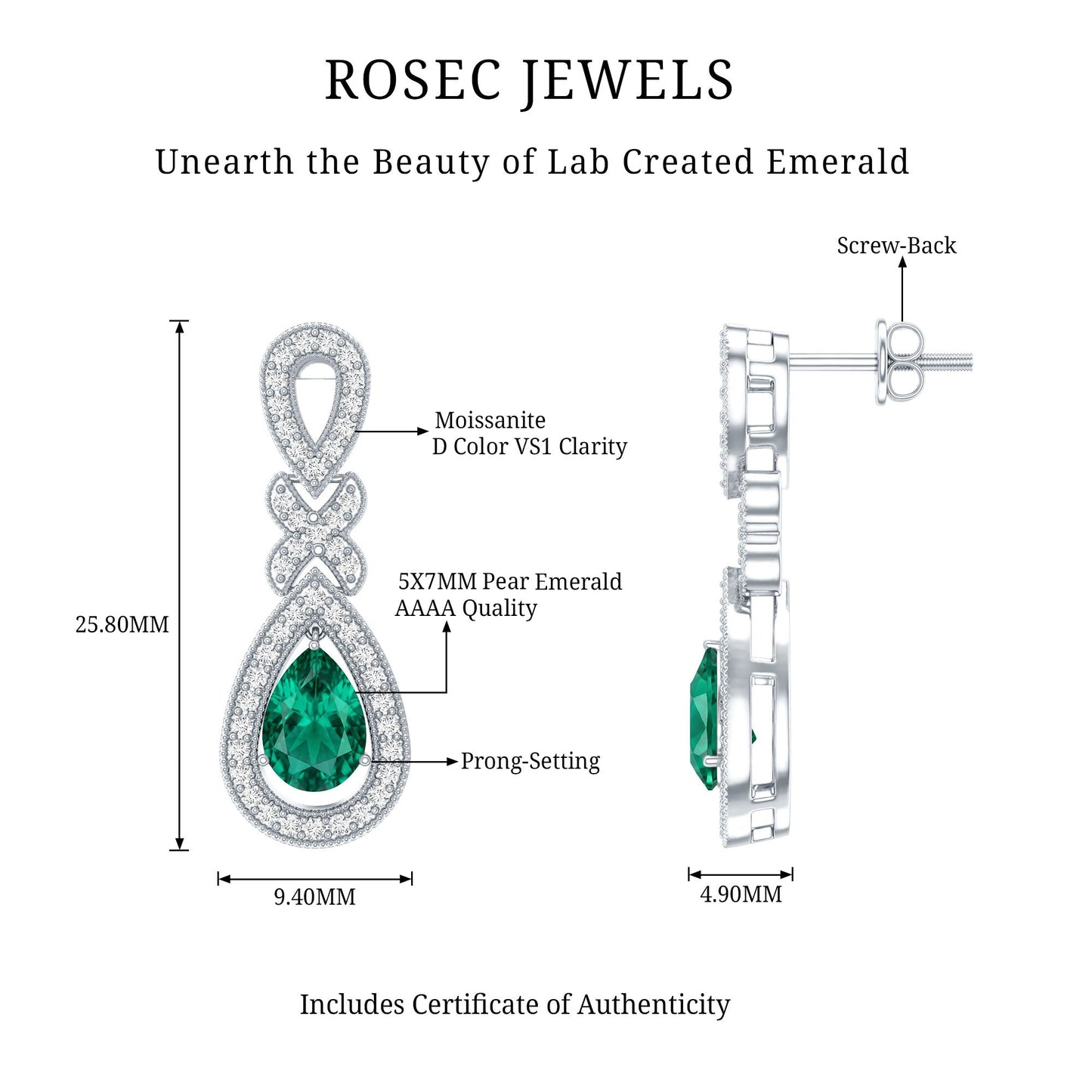 Silver Lab Grown Emerald Wedding Dangle Earrings With Certificate